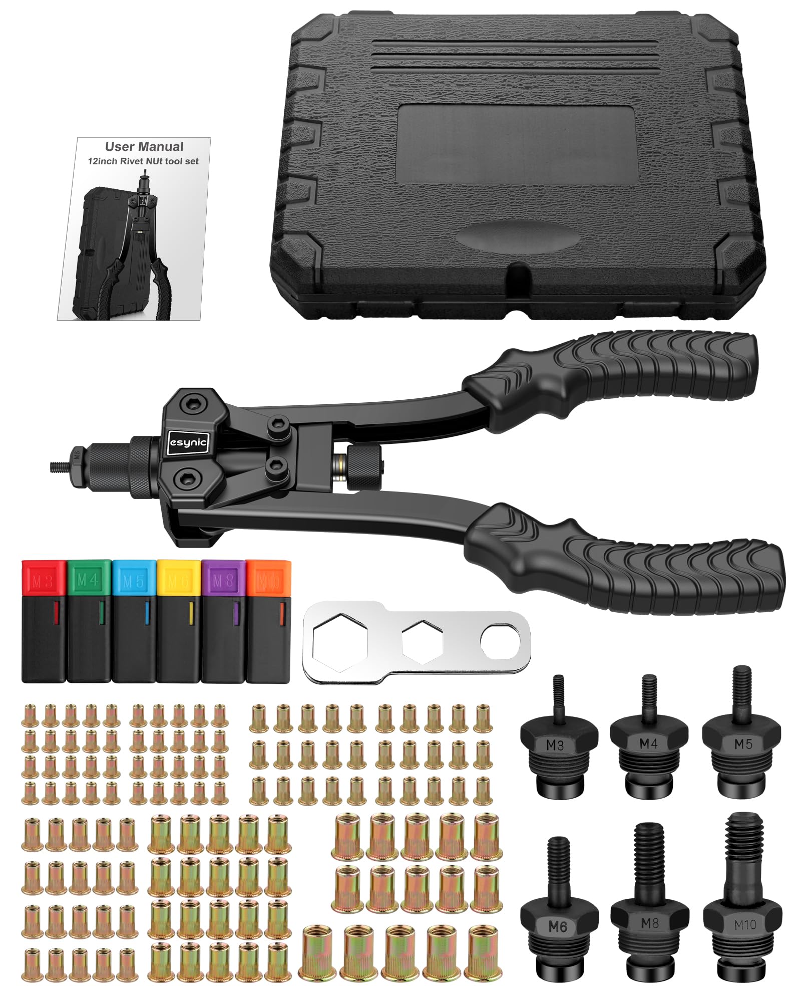 eSynic Rivettatrice Professionale 12" 125 Dadi Rivetti M3-M10 6 Mandrini Valigetta Nero