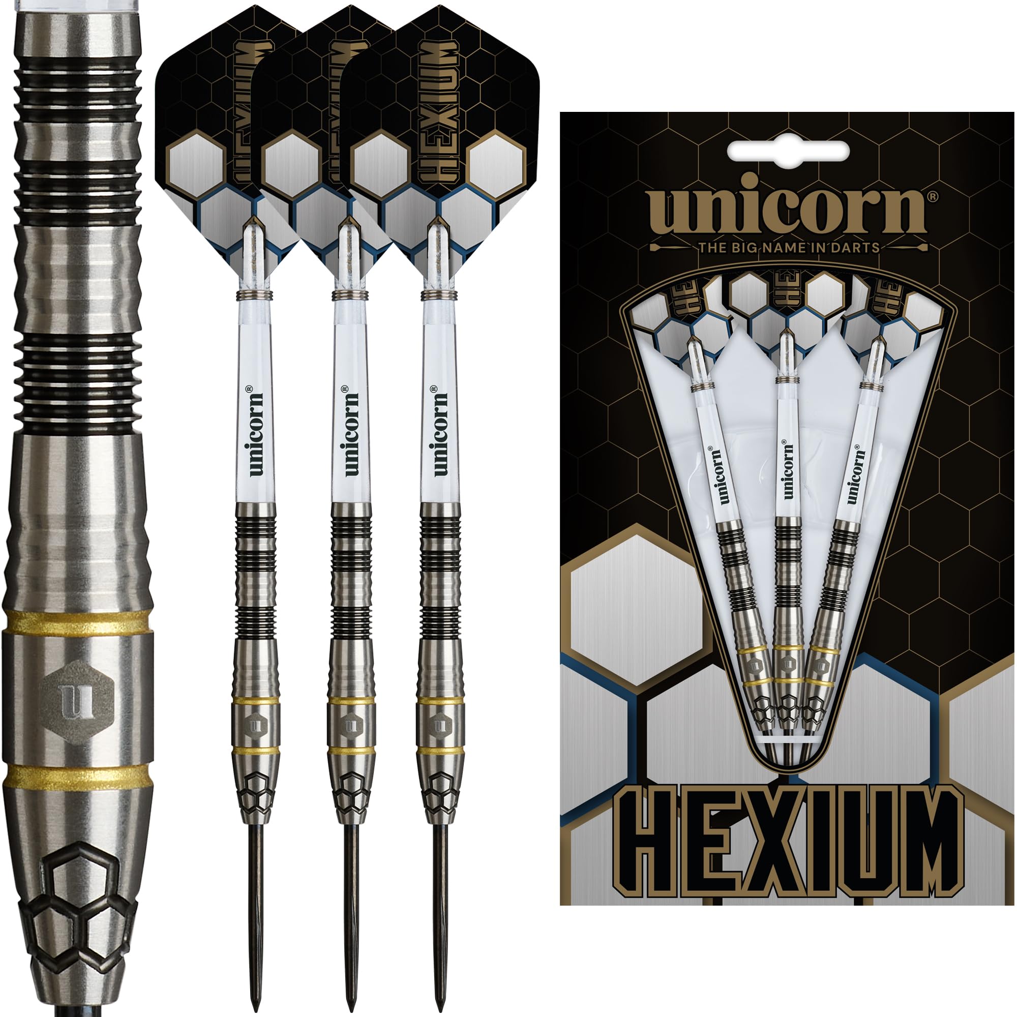 Unicorn | Hexium Style 1 | 90% Tungsten Black Bomb/Spring Onion Front-Loaded Barrels with Gold Rings | Steel Tip Darts Set | Durable Stunning Ultrafly Flights | Noir Black Volute Points | 22 g