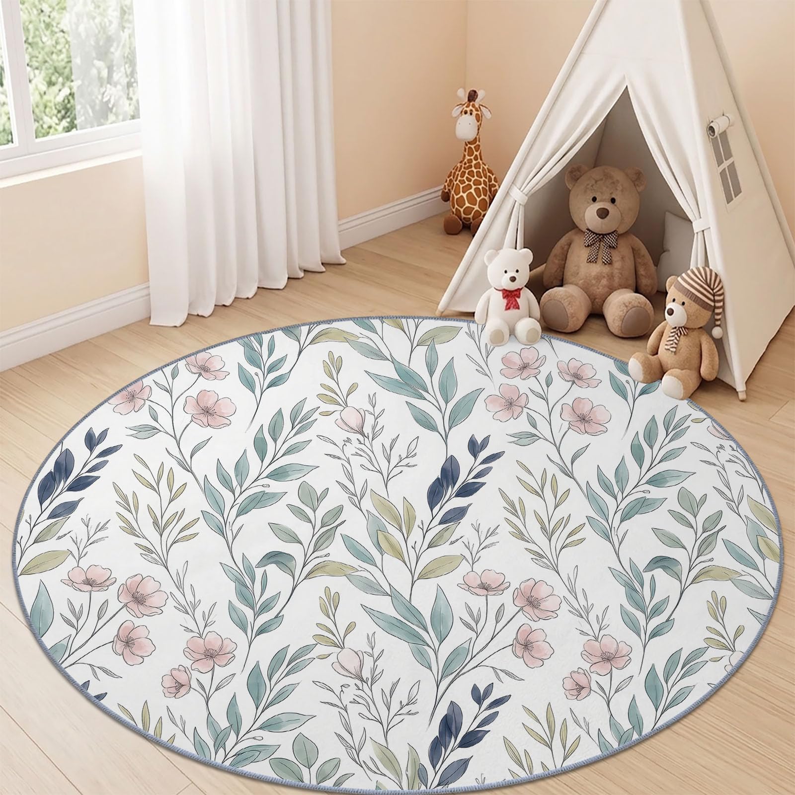 Tapis Rond 100 cm, imprimé Moderne Naturel Fleurs Feuilles Tapis de Sol Décoration Antidérapant Poil Bas pour Salon Chambre Cuisine Salle à Manger Intérieur, Vert