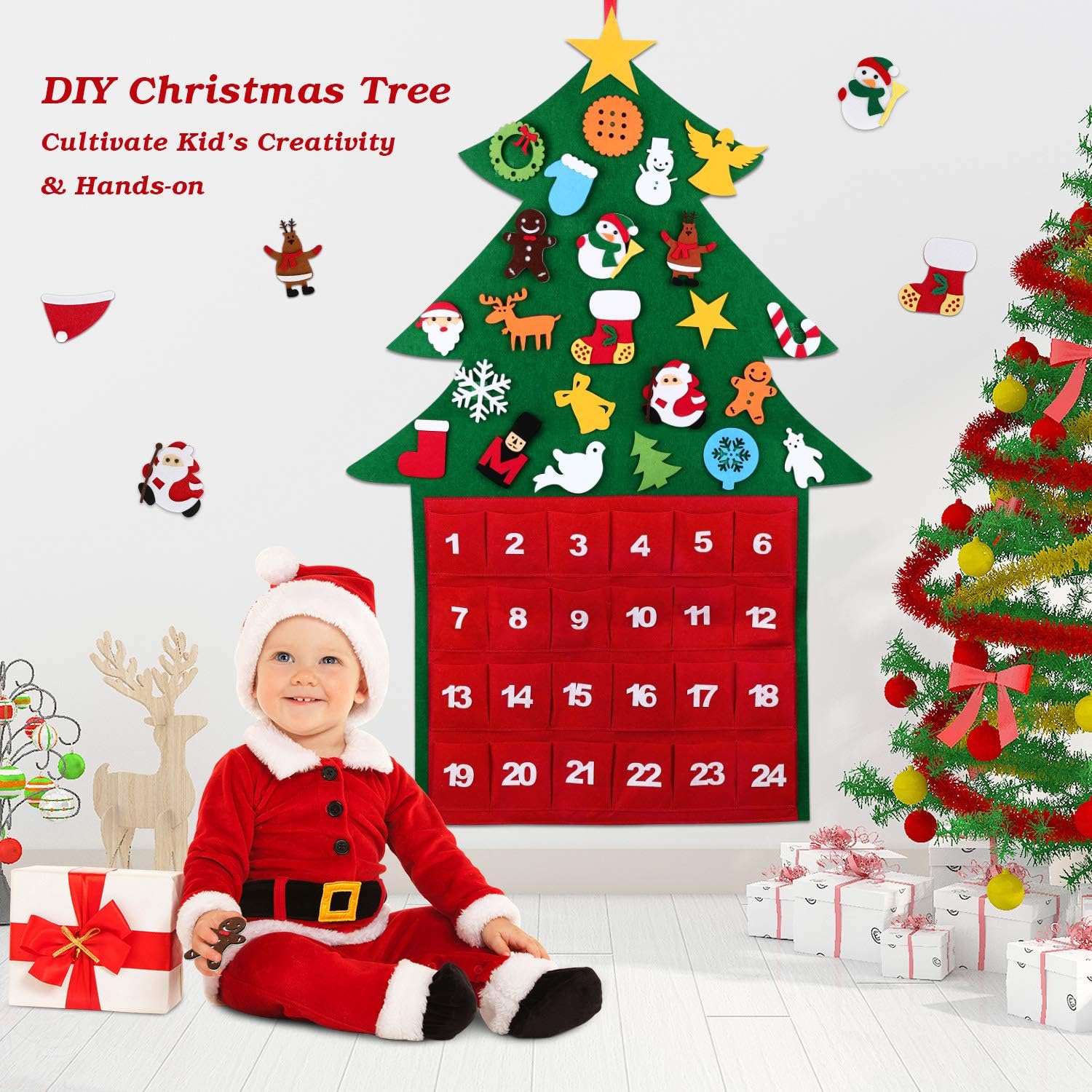 Fostoy Felt DIY Christmas Tree Ornaments Advent Calendar Set, 24 Days Countdown to Xmas Advent Calendar Tree for Holiday Christmas Wall Door Hanging Decorations