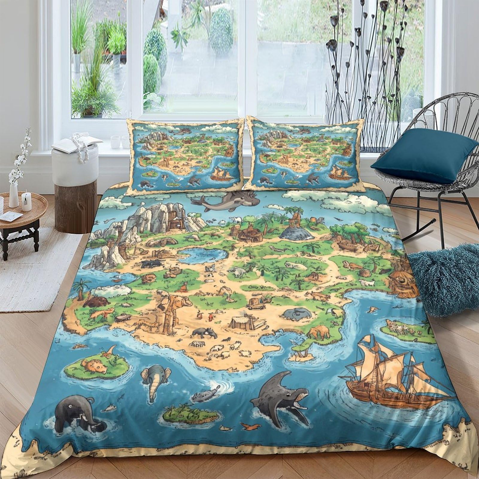 Ctjqhvkz Style-9 3D Printed Vintage Treasure Map Fitted Sheet Microfiber Soft Pirate Island Bed Cover For Bedroom Dorm Mattress Decor Single（135X200cm）