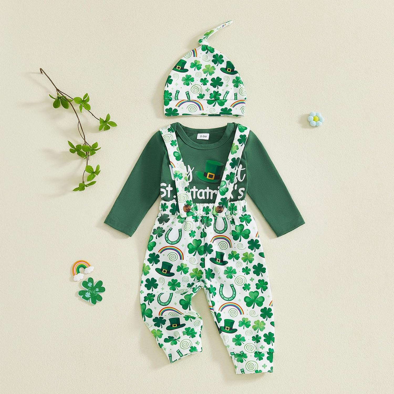 BeQeuewll Baby Boy Irish Clothes Newborn First St Patricks Day Outfit 1st Letter Romper+Clover Overalls Pants+Hats 3Pcs
