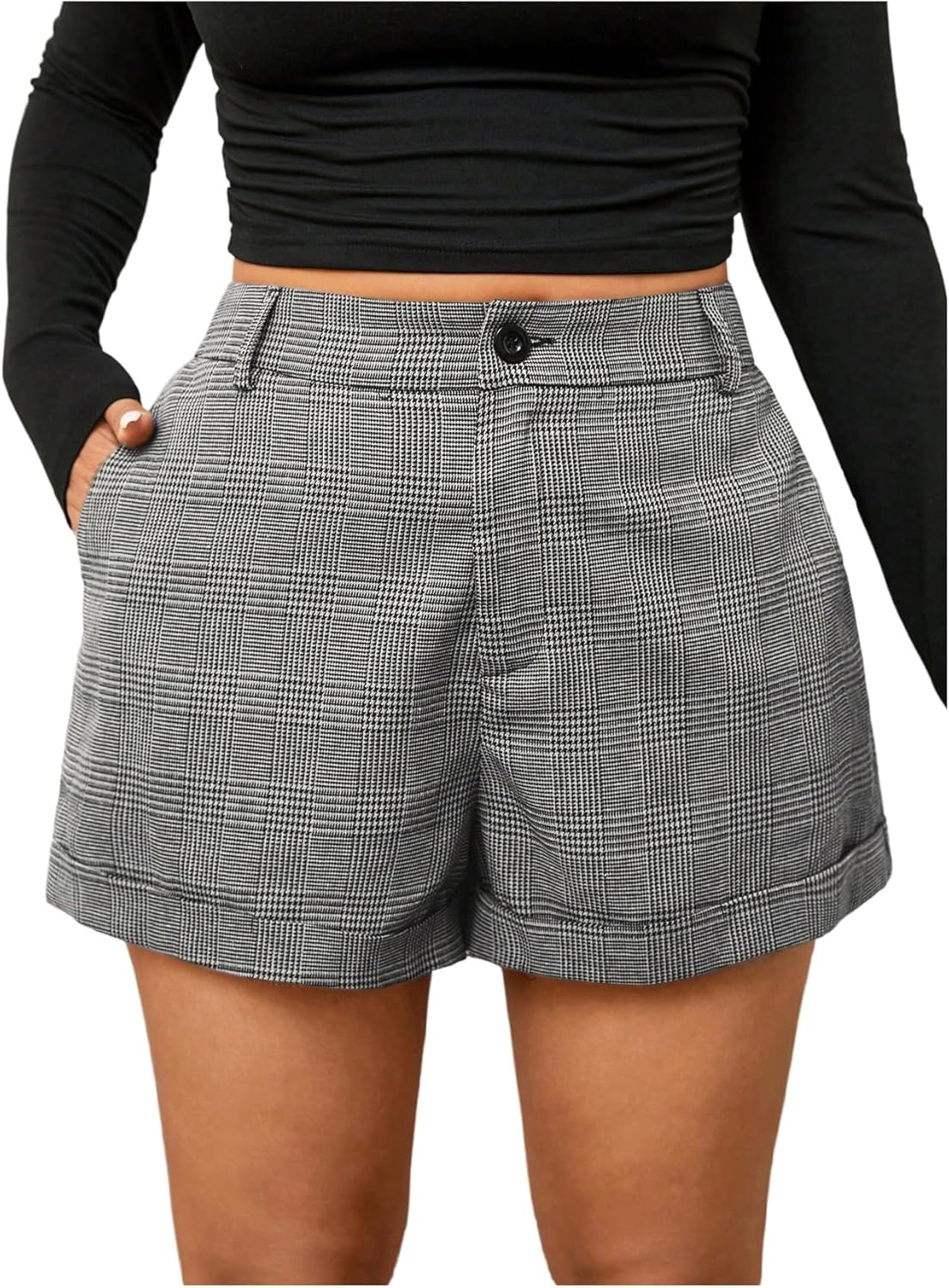 Floerns Women's Plus Size Plaid Elastic Waist Shorts Wide Leg Rolled Hem Dressy Shorts