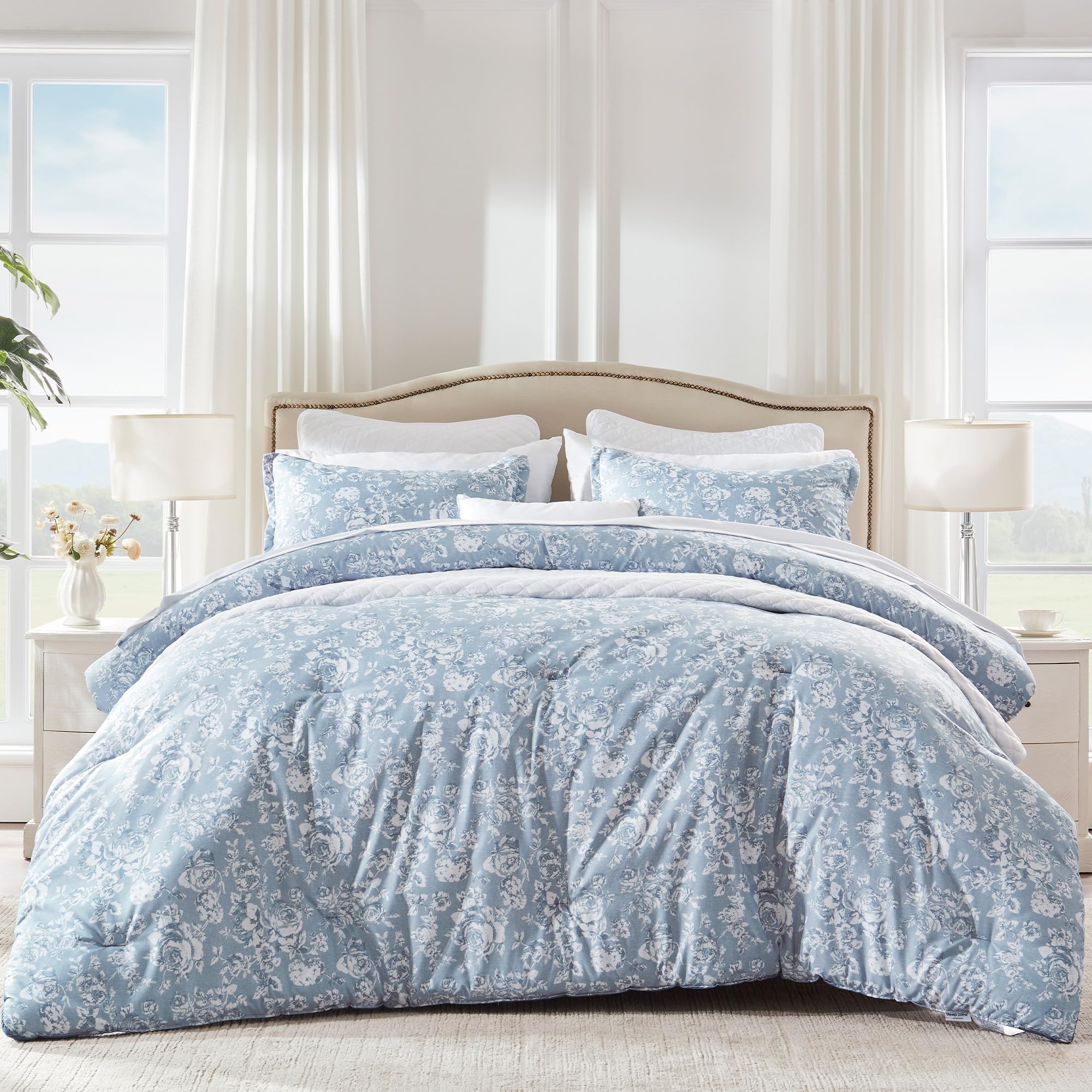 Elegant Peony Blue King Size Comforter Set Bed in a Bag - 7 Pieces with 1 Soft Reversible Comforter(90x102), 1 Fitted Sheet, 1 Flat Sheet, 2 Pillow Sham, 2 Pillowcase