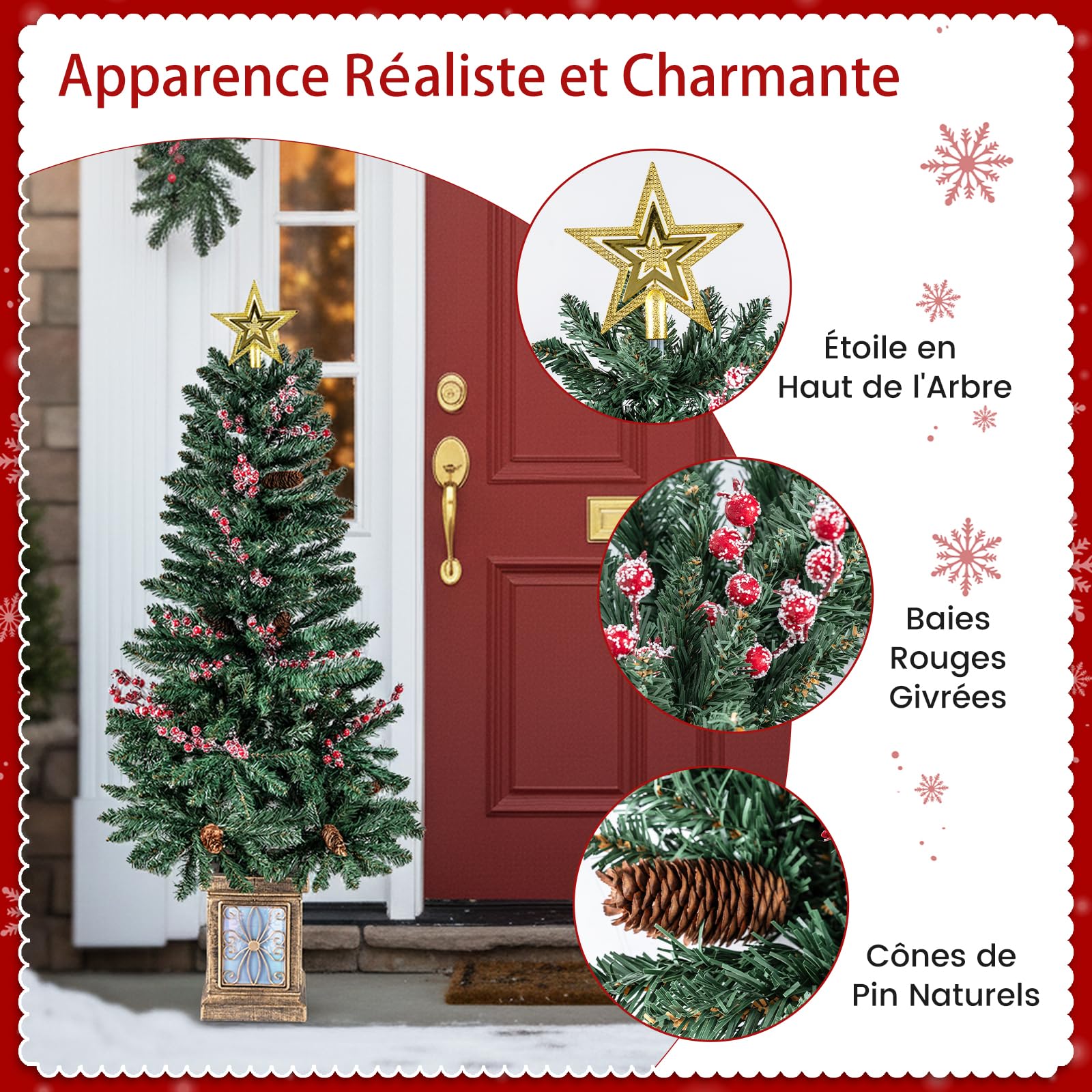 COSTWAY Lot de 2 Sapin de Noël en Pot, 1 Guirlande, 1 Couronne, Pommes de Pin, Baies Rouges Givrée, Étoile de Cime, Décoration Saisonnière pour Cheminée, Porche