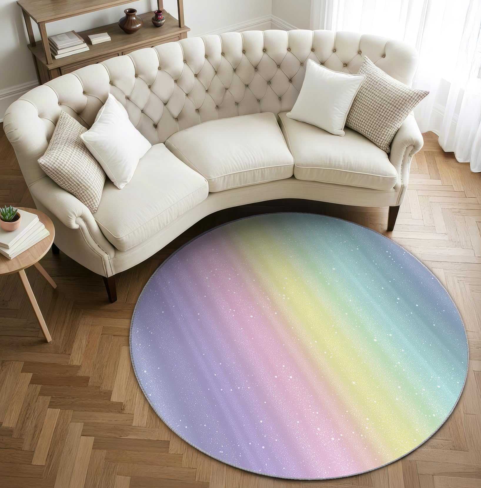 Regenbogen Mädchen Teppich Rund 100cm Kurzflor - Waschbare Teppiche Wohnzimmer Streifen Bunt Kinder Pastell - Runder Teppich 100cm Durchmesser - Bettvorleger Schlafzimmer rutschfest Weich