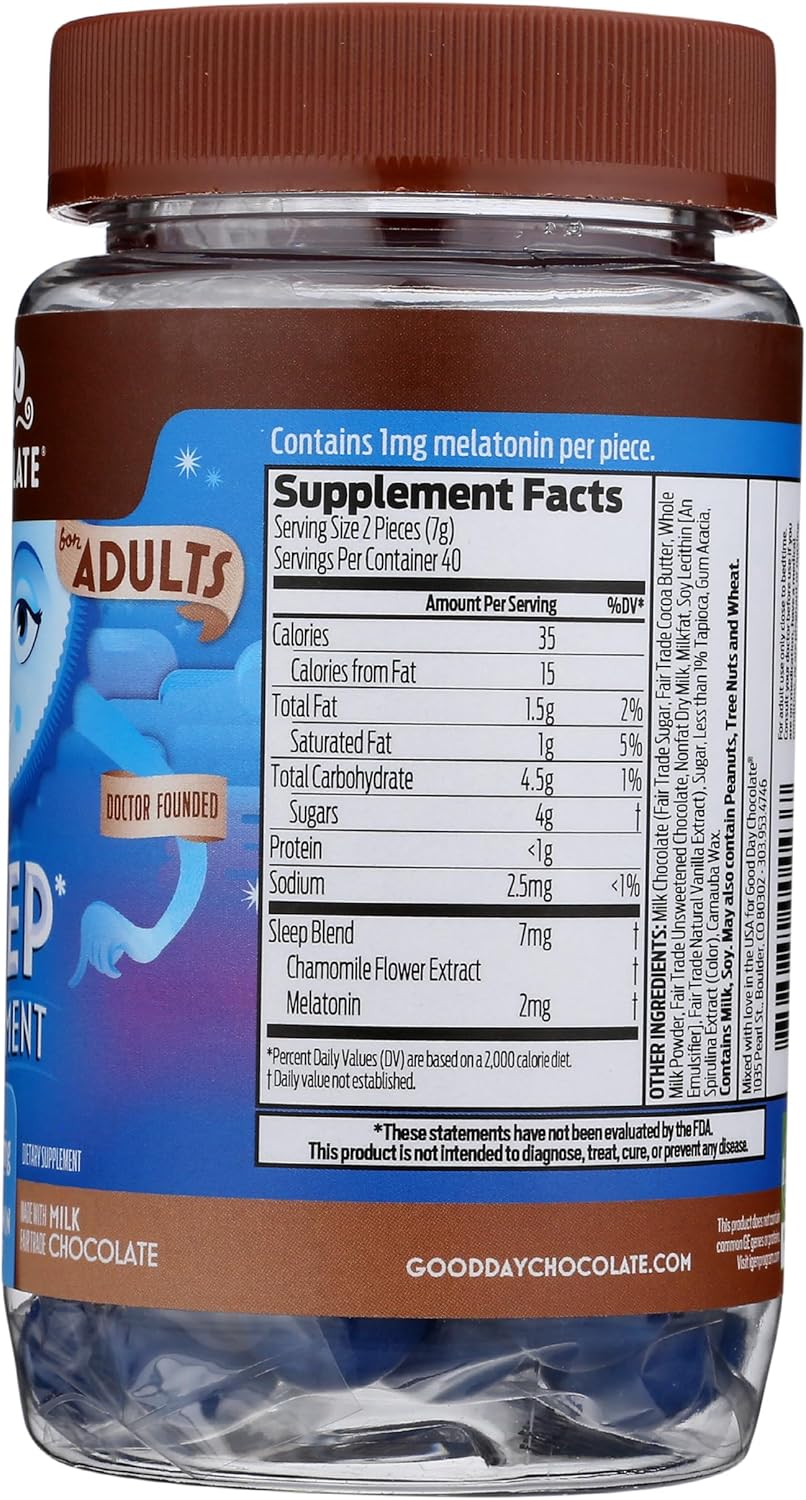 Good Day Chocolate Melatonin for Adults [ 80 Count ] - Fair Trade Non-GMO Chocolate with Chamomile and Melatonin 1 mg - Adult Melatonin, Adult Natural Sleep Aid Supplement