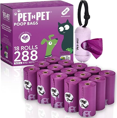 Pet N Pet Bolsas de excremento para perros, 288 bolsas de excremento de perro con aroma a lavanda con dispensador de correa, certificado USDA 38% a