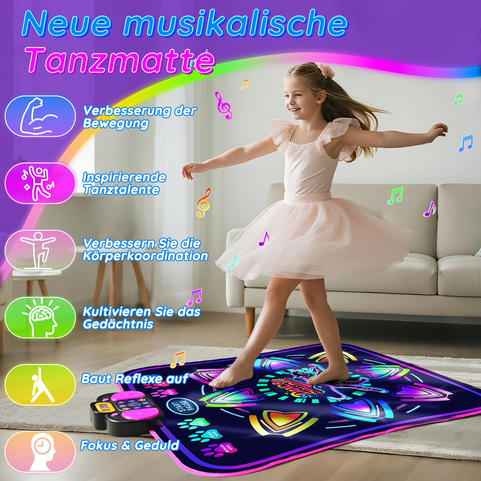 MOMUSE Tanzmatte Kinder, Spielzeug Geschenke für Mädchen Jungen Alter 3 4 5 6 7 8 Jahre, Musikmatte 2 Modi, mit Beleuchtetem Display und 9 Stufen, Weihnachten Geburtstag Kinderspielzeug (Violett)