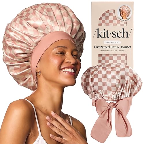 Kitsch XL Satin Bonnet for Sleeping - Softer Than Silk Hair Bonnet For Women - Secure Fit, Adjustable Night Cap For Curly & Textured Hair - Prevents Breakage, Tangles & Thinning - Terracotta Checker - Terracotta Checker