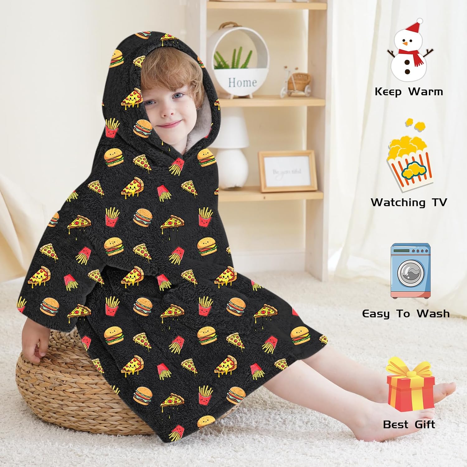 Wearable Blanket Hoodie for Kids Oversized Sherpa Blanket Hoodie for Kids Boys Girls Toddler 2-6YR,Hamburger Pizza - Image 2