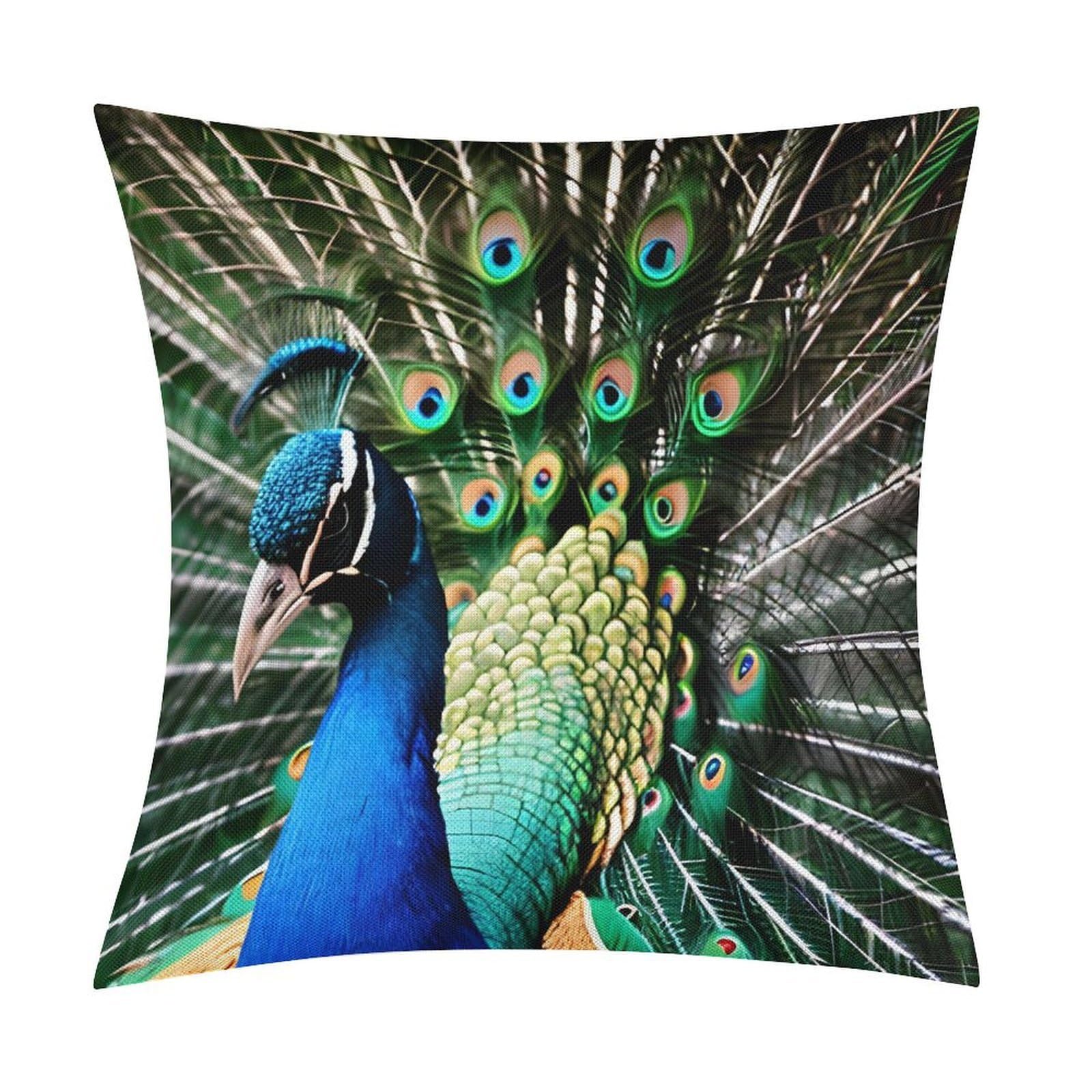 LZQPOEAS Peacock Throw Pillow Covers, Waterproof Faux Linen Pillow Cases with Invisible Zipper, Decorative Square Cushion Covers for Sofa Couch Living Room Bedroom 18x18 Inch