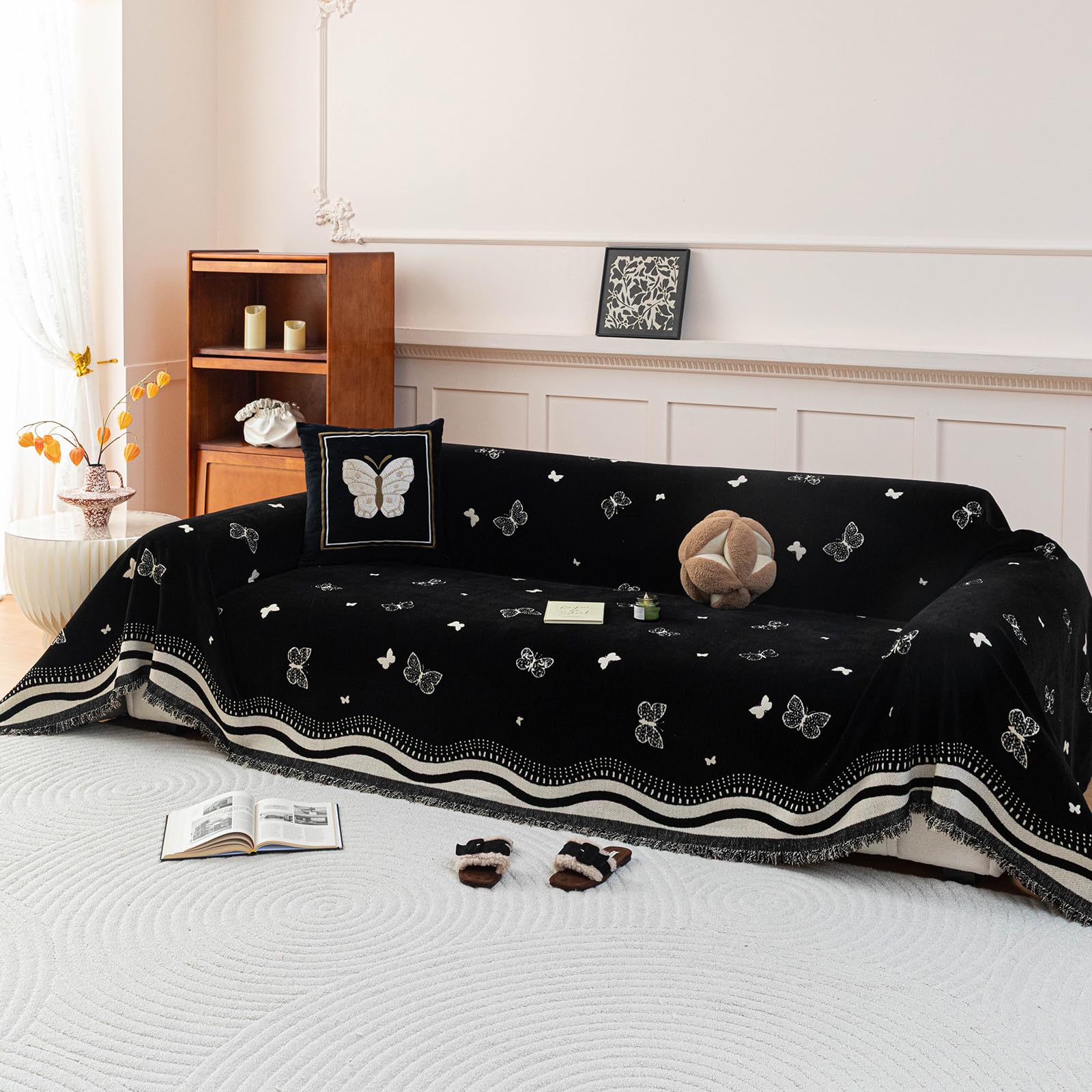 DREAMINGO French Retro Vintage Couch Cover - Butterfly Jacquard Chenille Sofa Cover, Washable Couch Cover Blanket with Tassel, All-Season Furniture Protector for Living Room, Black, 71"x150" โ image 1