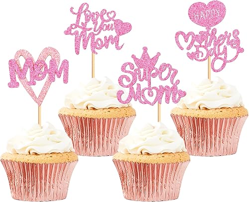Cyodoos 24 piezas de decoración para magdalenas de corazón para el día de la madre, súper mamá, te amo, mamá, cupcakes para el día de la madre,