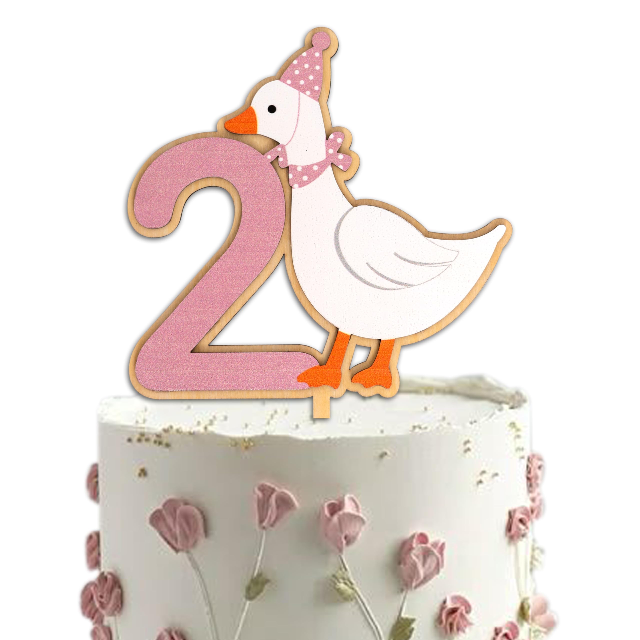 One Silly Goose Cake Topper – Decoración de pastel rosa número 2 para niños y niñas, suministros de fiesta de ganso blanco para primer cumpleaños, accesorios para fotos temáticas de granja