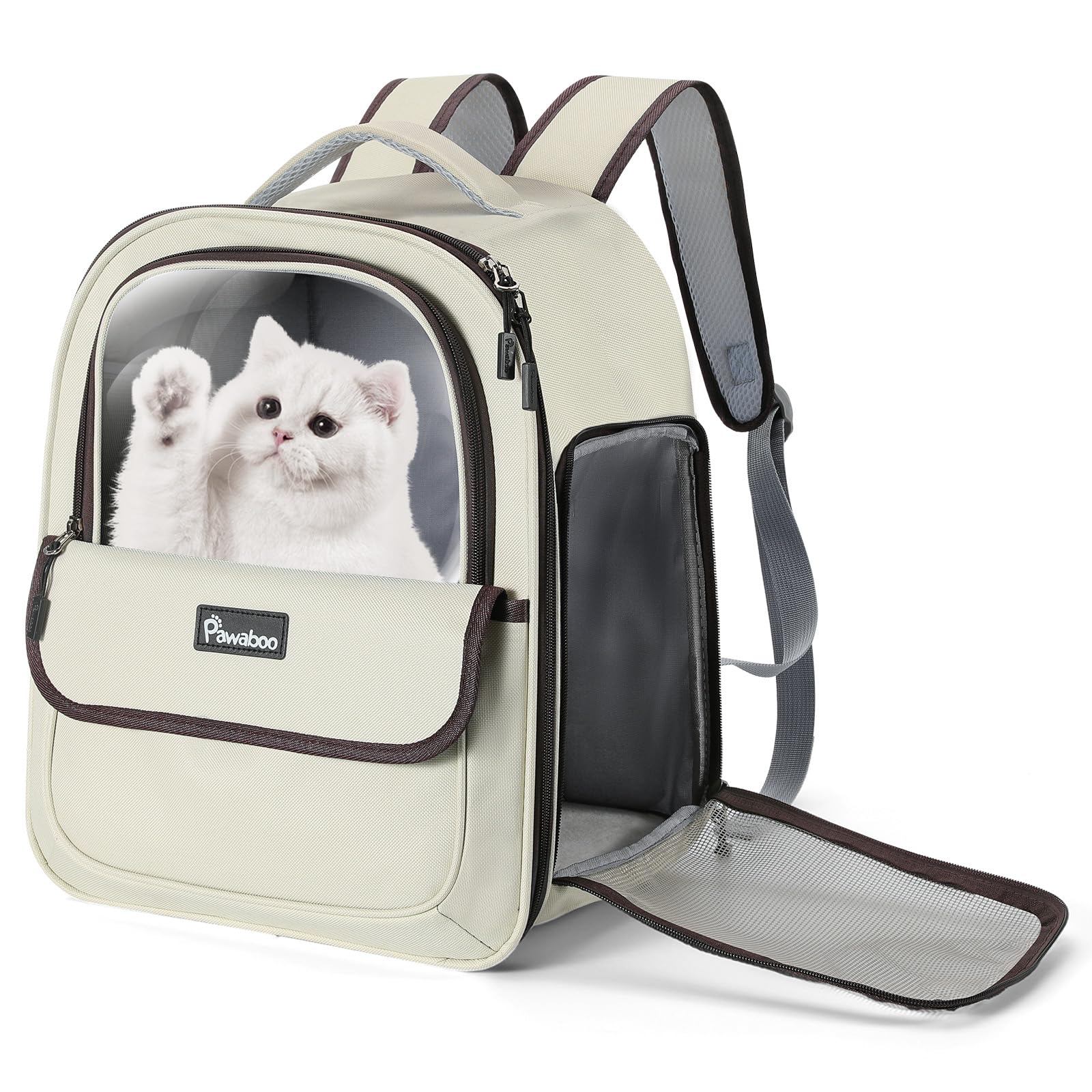 Pawaboo Mochila Transportín para Gatos, Bolsa de Transporte Gatos Cachorros con Malla Transpirable y Ventana PVC Transparente, Bolso de Viaje Portátil para Gatos Mascotas Aprobado por Aerolínea, Beige
