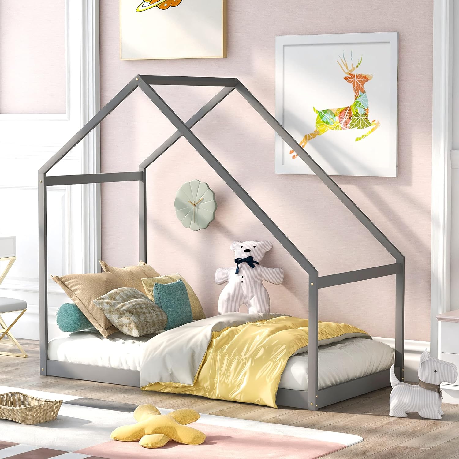 Wooden House Bed with Roof for Kids, Teens, Girls, Boys, Bedroom Furniture Children House Bed Frame, Can Be Decorated for Toddlers, Teens, Girls, Boys (Gray, Twin)