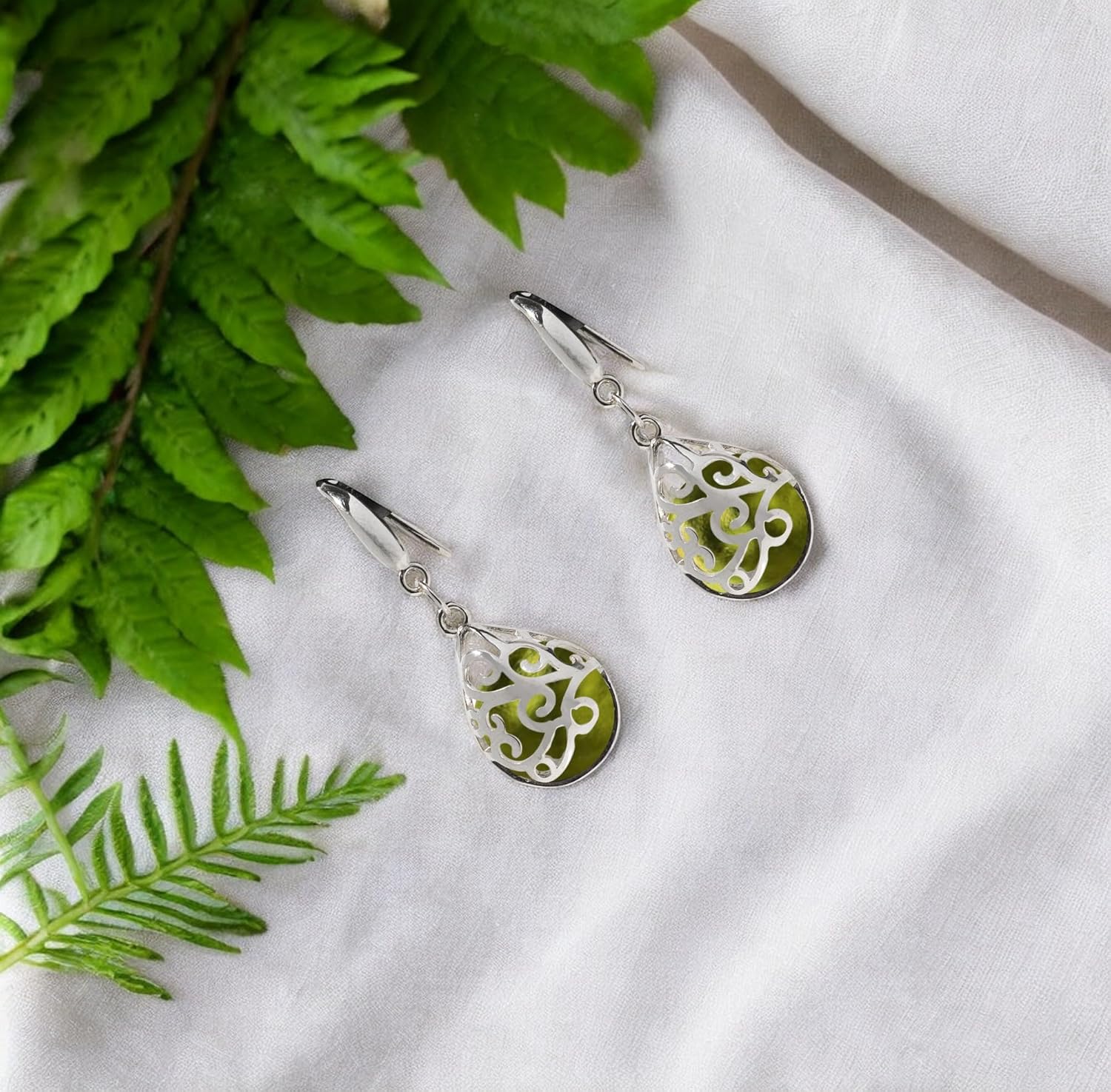 Bottled Up Designs Handmade Filigree Teardrop Earrings, Recycled Vintage Glass, Sterling Silver, Eco Friendly, Made in USA, Mothers Day, Women, Anniversary