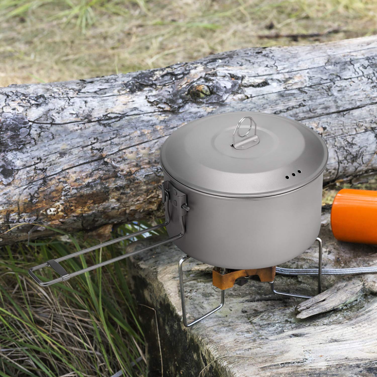 Camping-Kochgeschirr-Set, Topf- und Bratpfannen-Set aus Titan mit Deckel und Klappbaren Griffen für Outdoor-Camping, Wandern, Rucksackreisen, Picknick, Metallisch oder Blättert Gesund, Lang