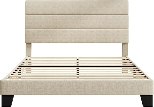Miniatura 8 de HOOMIC Base de cama de tamaño matrimonial con cabecero, plataforma tapizada de tela con soporte de listones de madera fuerte, base de colchón, no