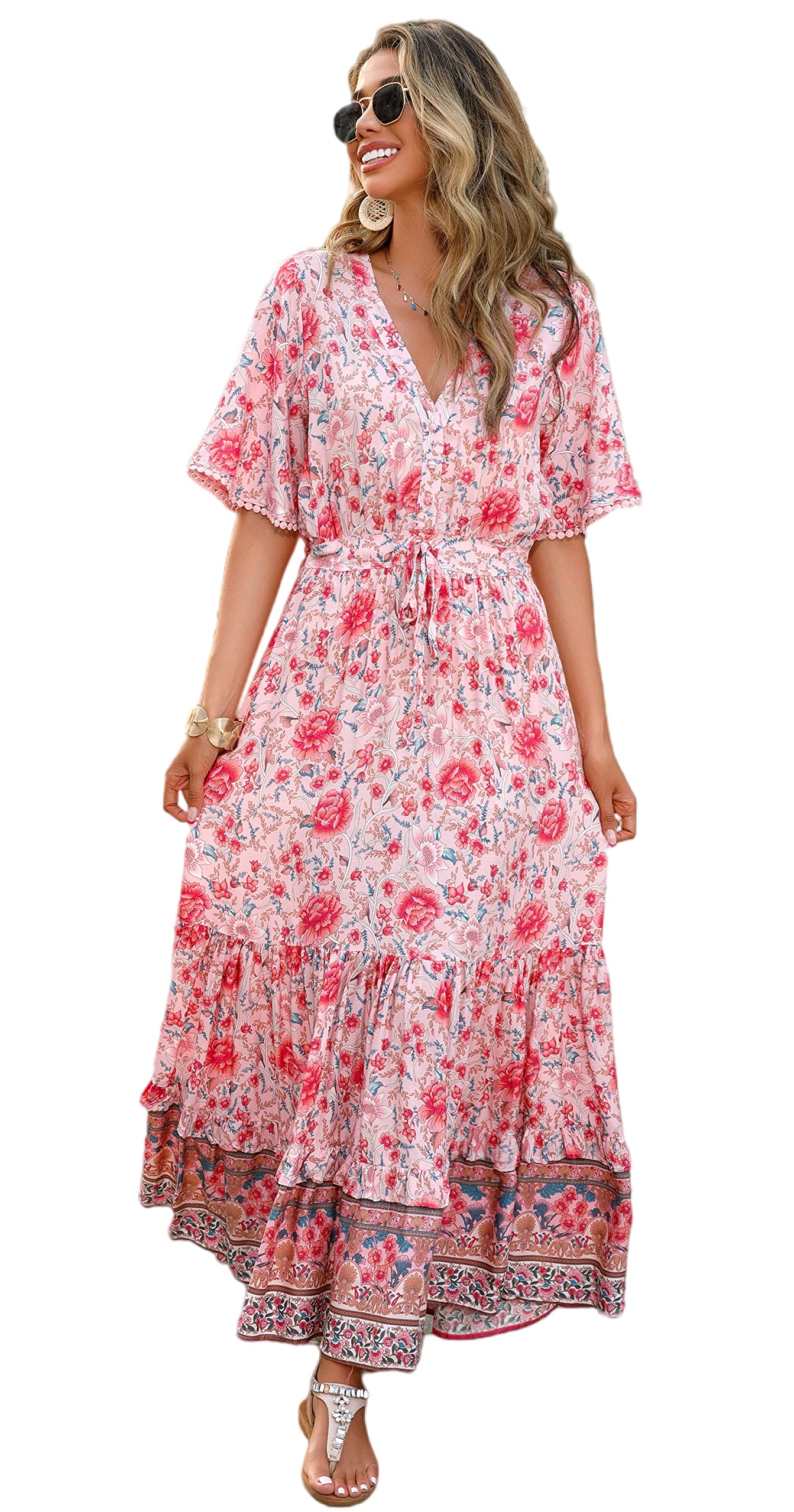 R.Vivimos Femmes D'été Cou en V Bouton à Manches Courtes Robe Bohème Fleur Longue Robe A Ligne Volants Longue Plage Robe