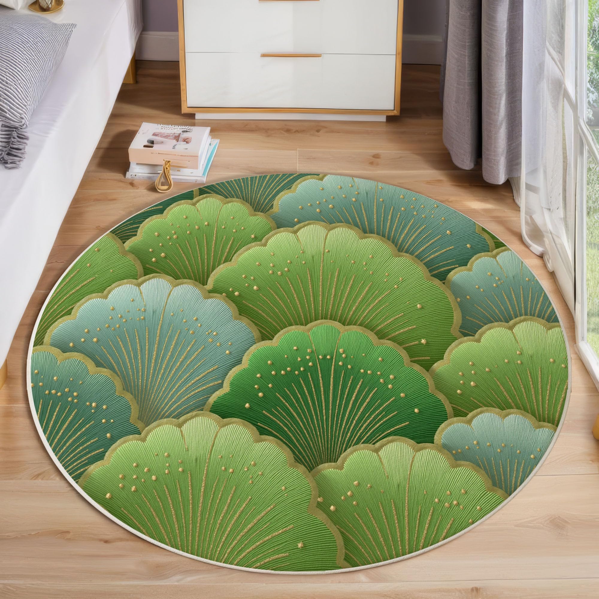 Tapis rond motif écailles en feuille d'or 3D vert sauge élégant chic 200 cm