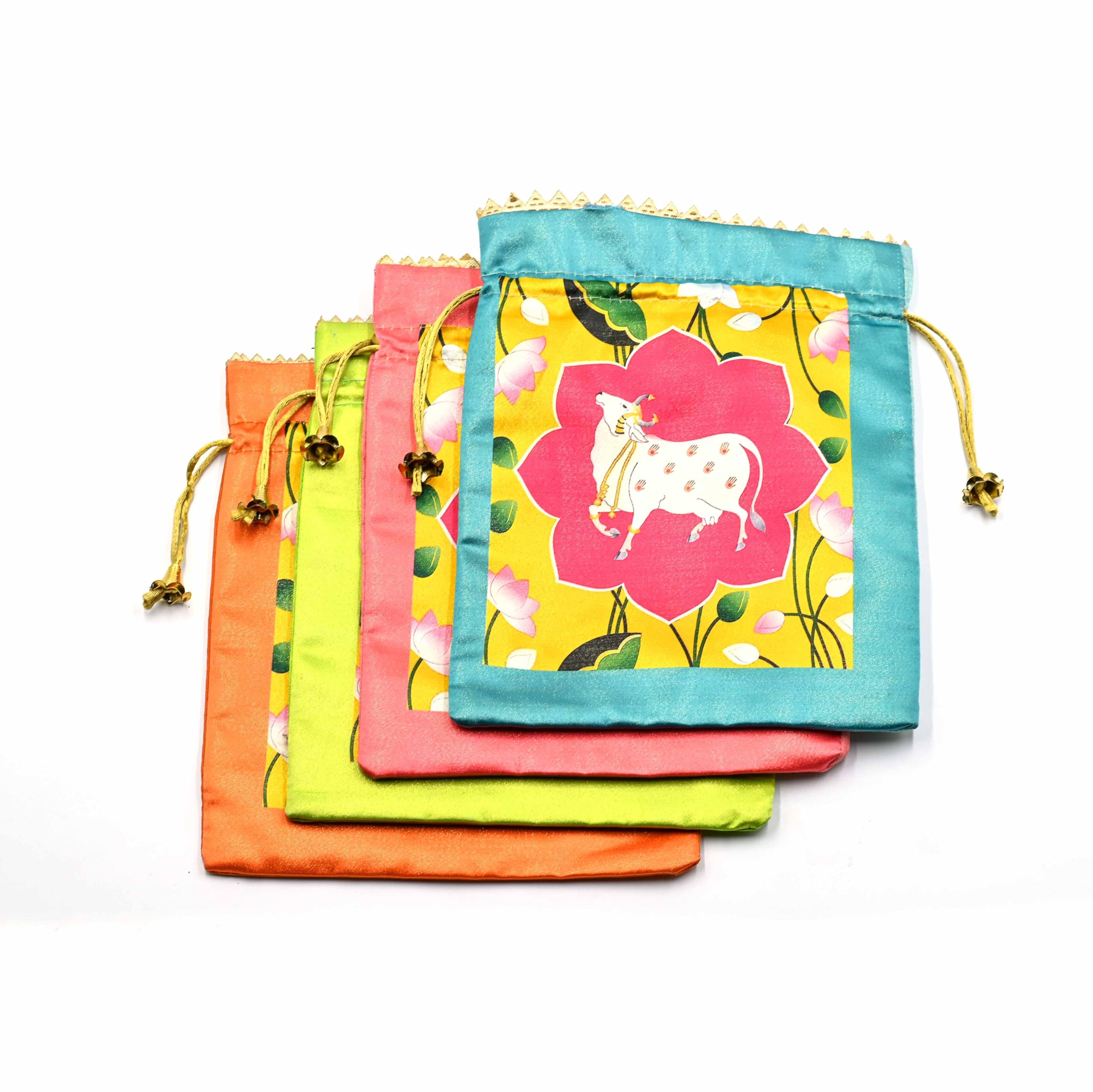 Pack of 20 Assorted Lotus Cow Decorative Printed Silk Potli Traditional Elegance Cow Print Pichwai Potli Batwa Bag with Modern Handle