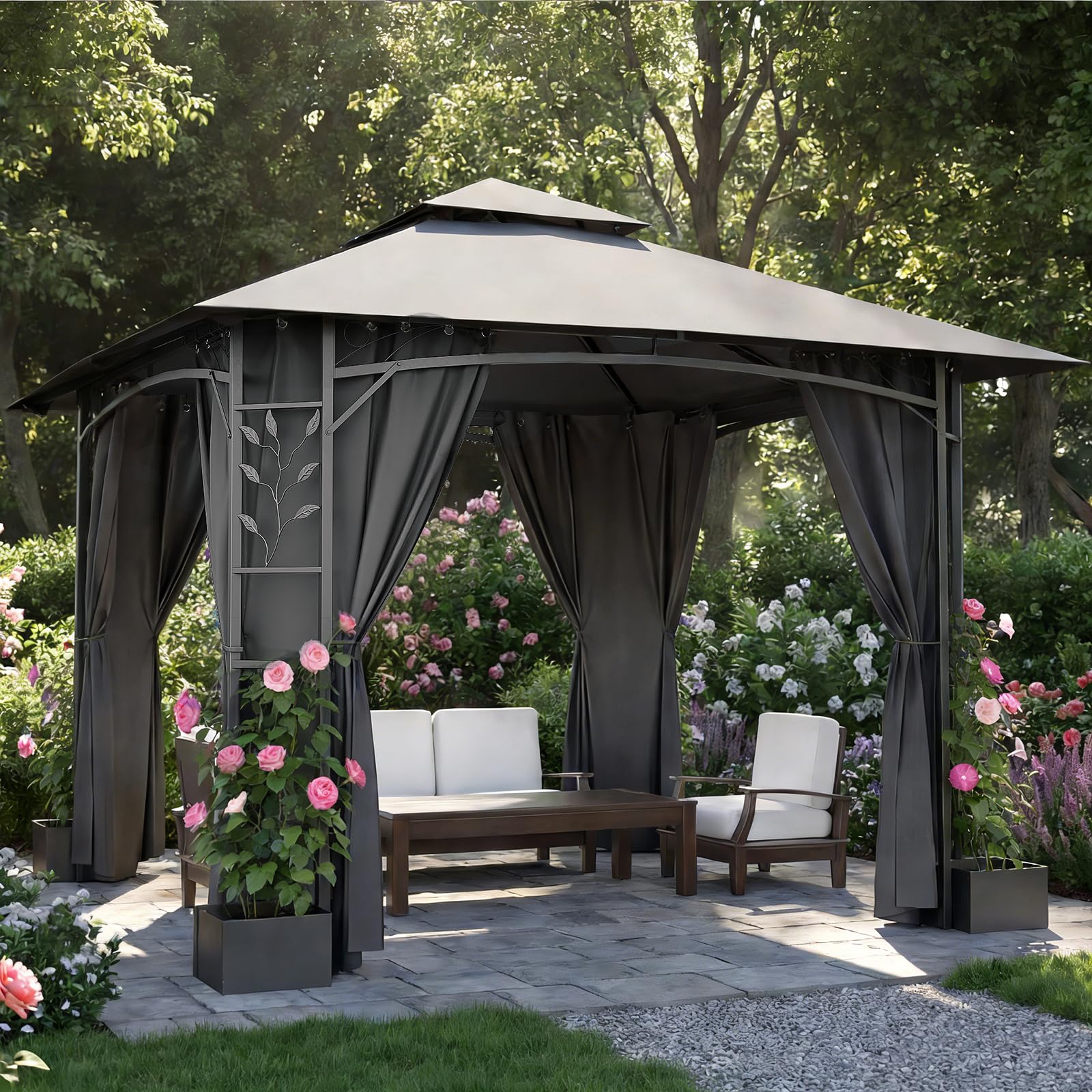 JUMMICO Pavillon de Jardin 3.3x3.3m en Fer avec Bac à Fleurs, 4 Parois Latérales, Stable, Résistant au Vent et aux Intempéries - Structure Métallique, Salon de Jardin, Gris