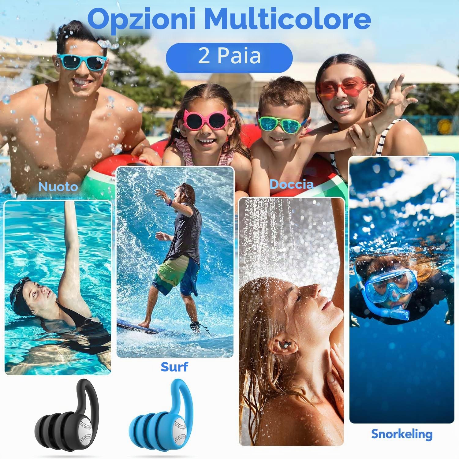 Tappi per le orecchie da nuoto per adulti, impermeabili, riutilizzabili, in morbido silicone, per doccia, nuoto, surf, snorkeling e altri sport acquatici (2 paia)