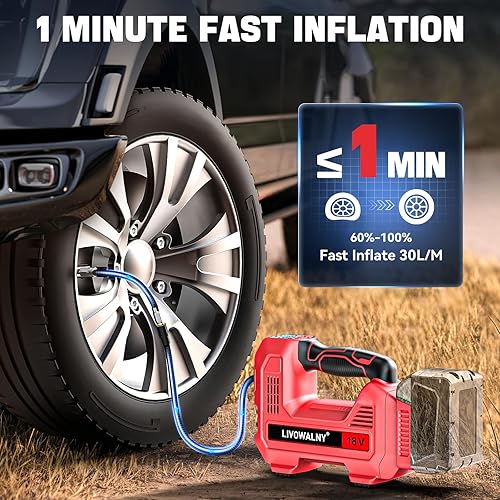 Miniatura 4 de Compresor de aire inalámbrico para inflador de neumáticos, compatible con batería Milwaukee de 18 V, bomba de aire portátil LIVOWALNY con manómetro