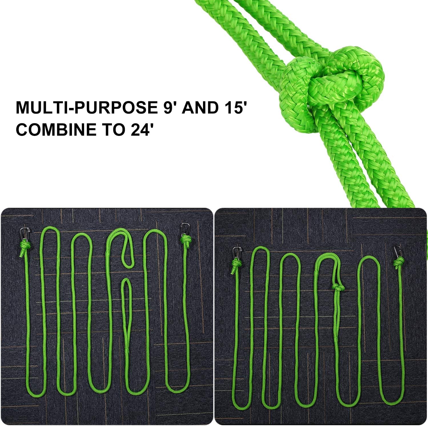 Green Floating Polypropylene Dock line Provide The Stainless Snap Hook and Incredible 12" Spliced Eye to let You Easy and Fast to go