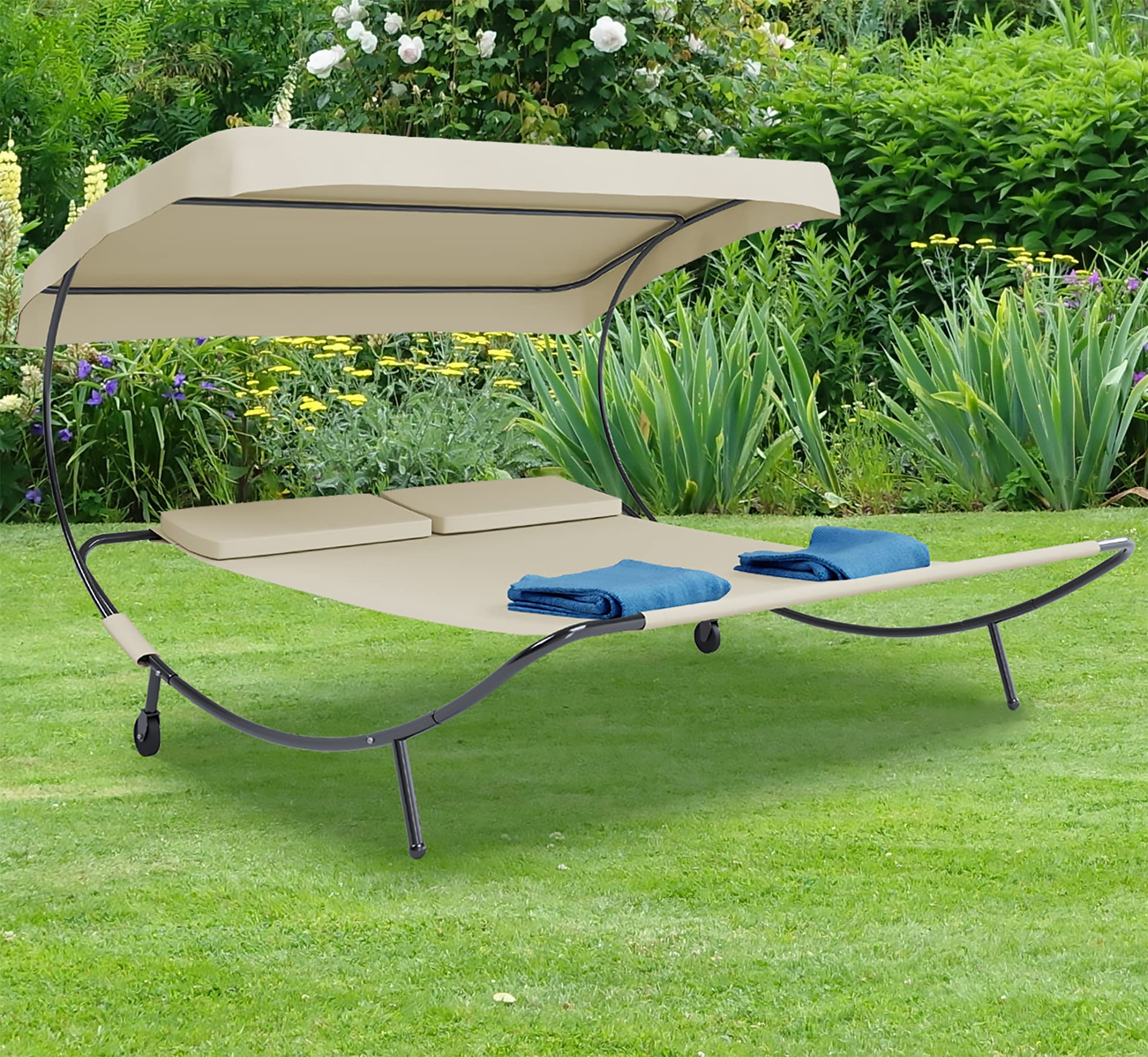 VCM Doppelliege mit Sonnendach, 180x200 cm, Gartenliege für 2 Personen, modernes Design, stabile Metallkonstruktion, Outdoor Relaxliege - Bindox