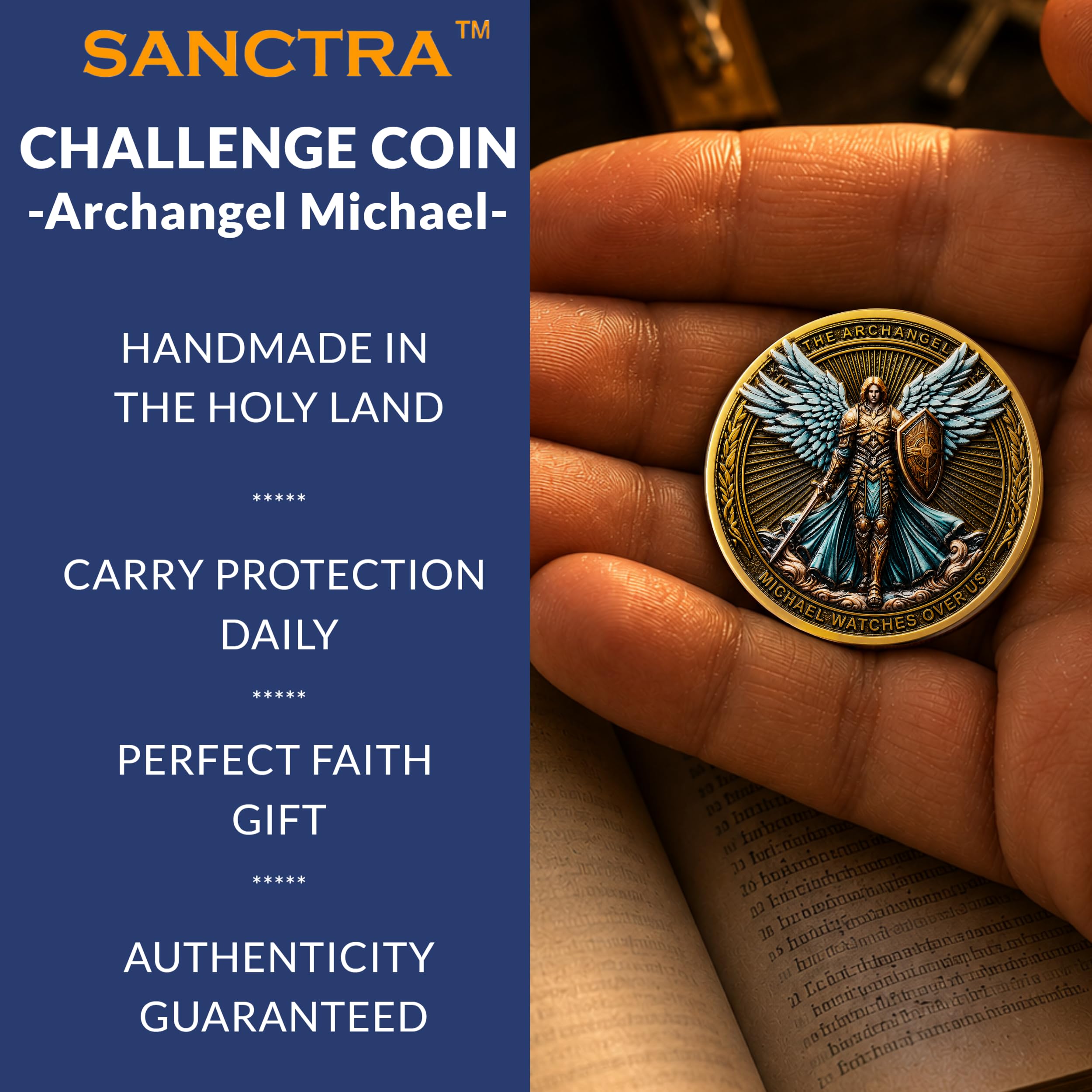Pièce de Collection Religieuse « L’Archange Michel Veille sur Nous », fabriquée et bénie à la Main en Terre Sainte, Psaume 91:10-11, avec étui de Protection, l’Originale avec Pochette Cadeau
