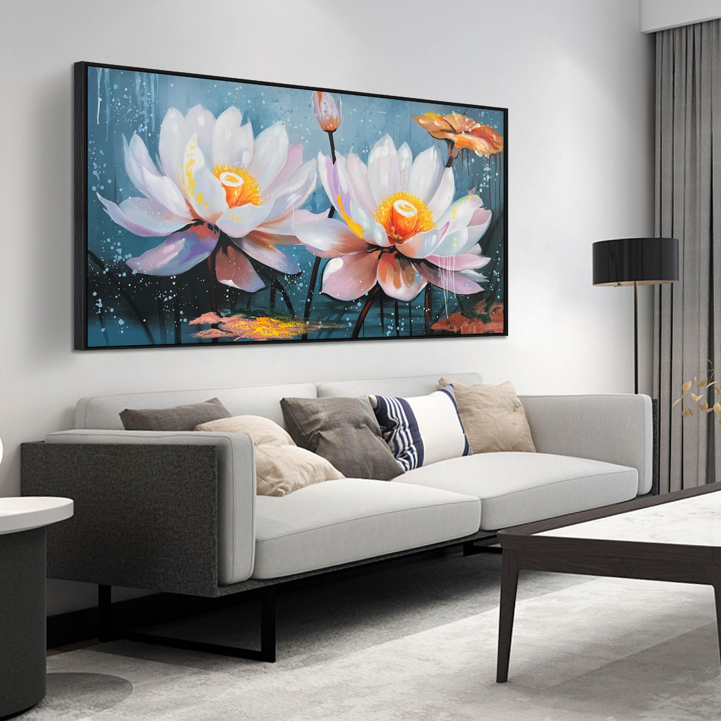 Lotus Flower Wall Art for Living Room, White Floral Canvas Wall-Decor ...