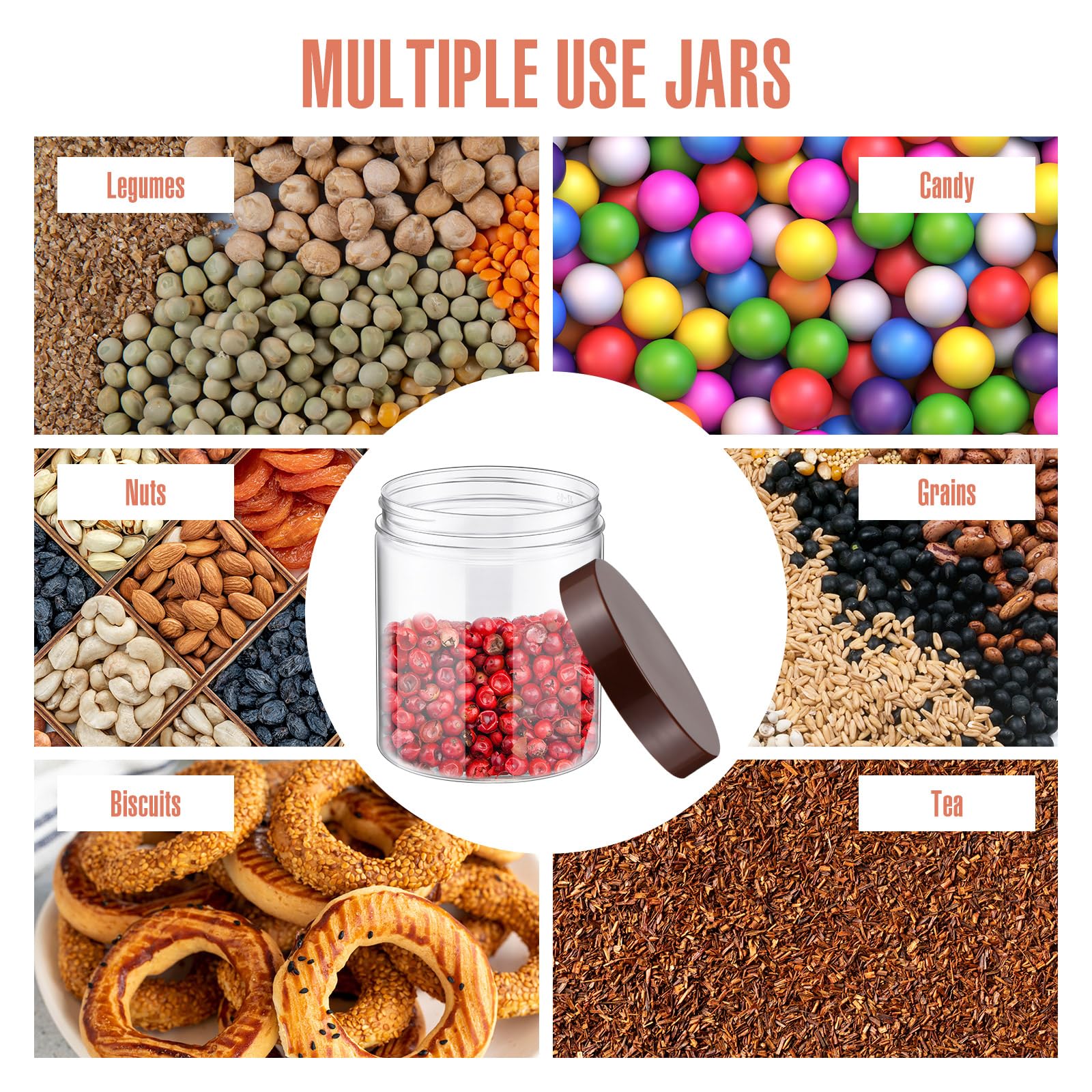 Mifoci 50 tarros de plástico transparente de 16 onzas, tarros de almacenamiento vacíos reutilizables con tapa, tarros de almacenamiento cilíndricos, tarros redondos para especias de cocina, alimentos