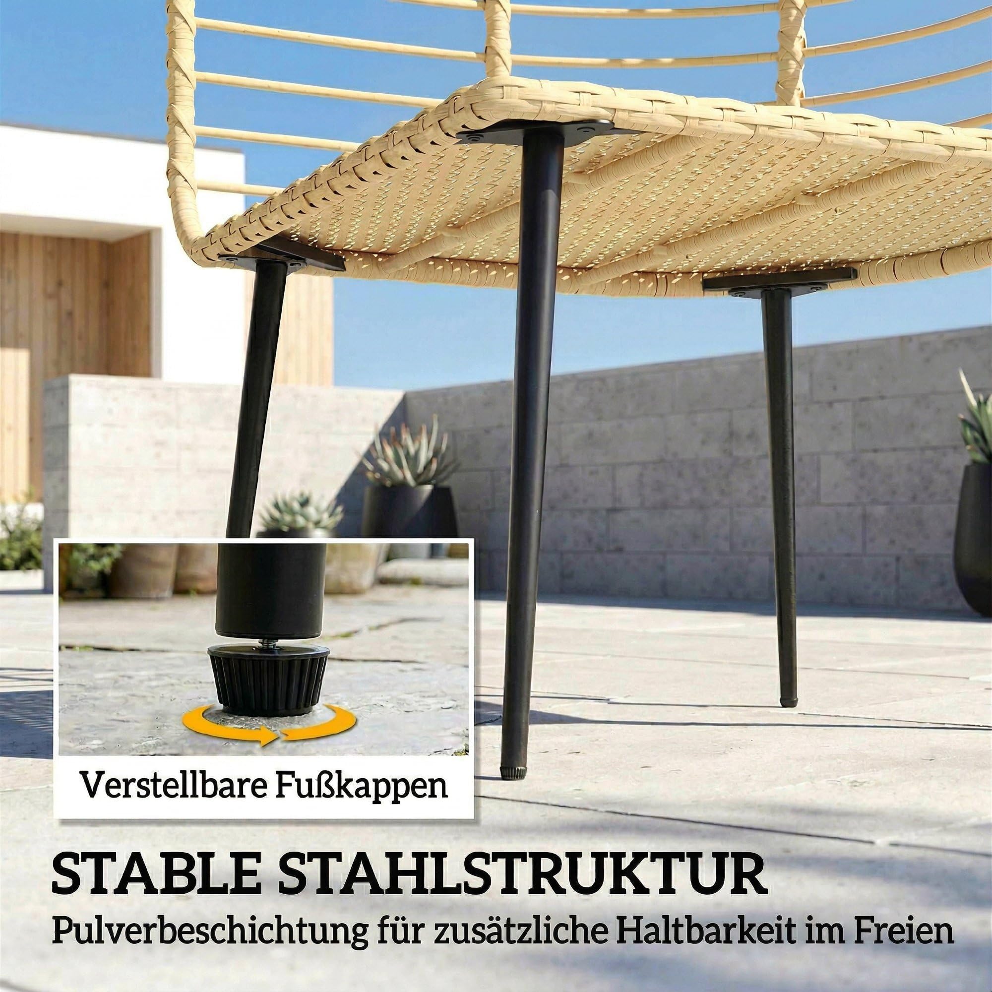 Outsunny Fauteuil de jardin avec tabouret en forme d'œuf - Avec coussins longs et épais - Cadre en métal - Style bohème - Pour salon, jardin, balcon, terrasse - Beige
