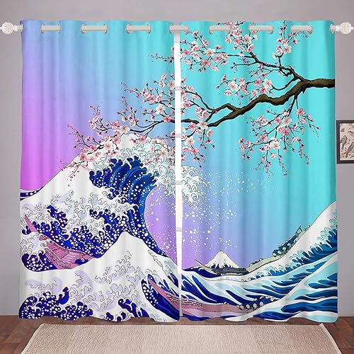 Cortinas japonesas Ukiyoe para ventana para dormitorio, sala de estar, cortinas onduladas con flores de cerezo para niños, cortinas de ventana color