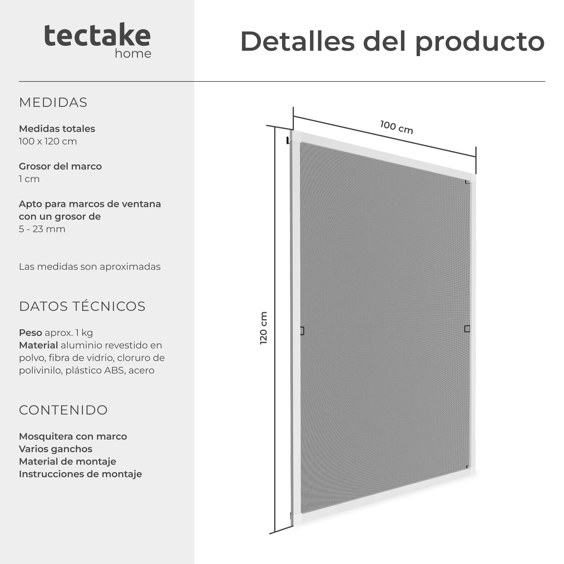 tectake® mosquiteras ventana, tela mosquitera, mosquiteras ventanas aluminio, red antimosquitos ventana, mosquitera ventana ajustable, resistente y transpirable - 100 x 120 cm Blanco