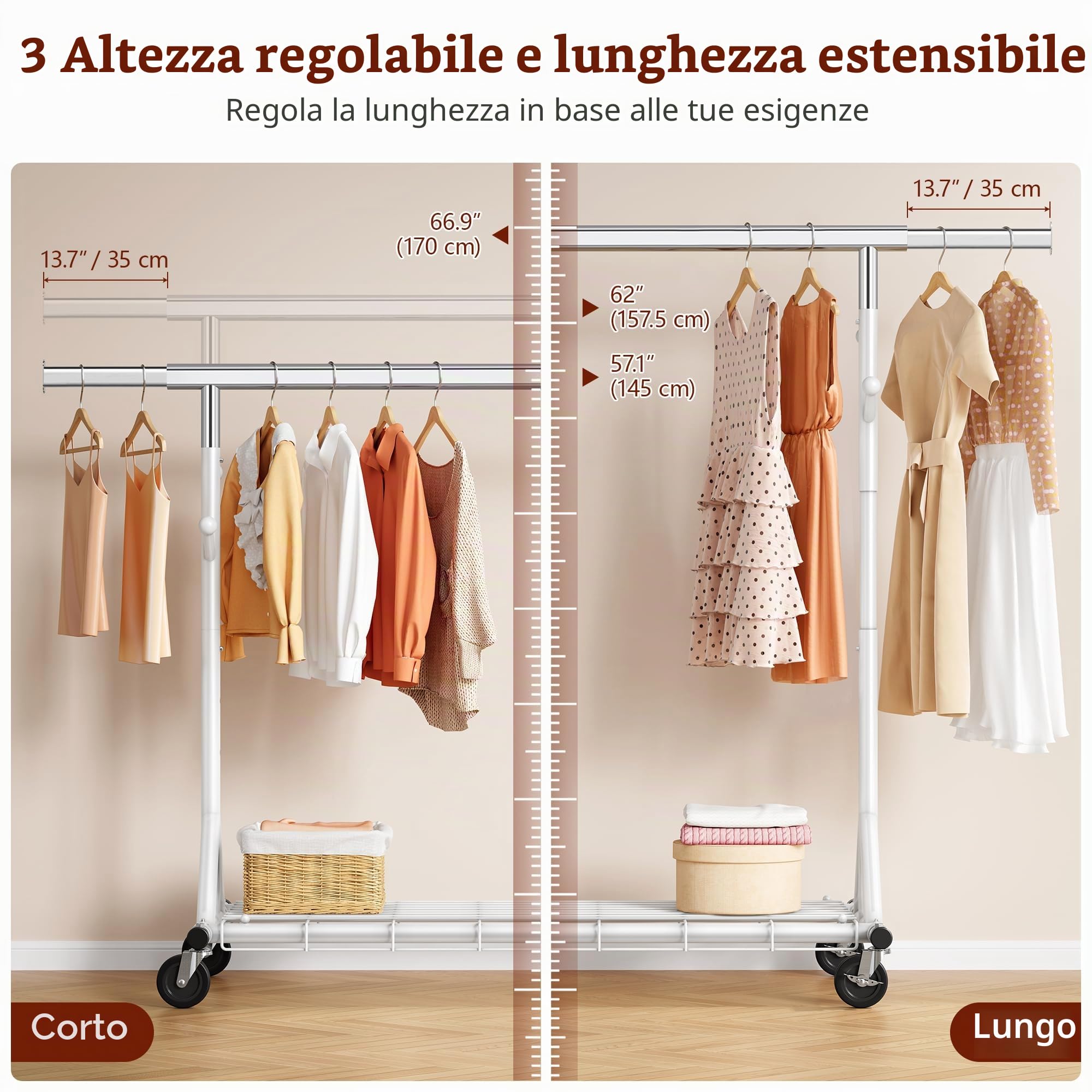 FAVOOSTY Stand Appendiabiti con Ruote, Attaccapanni Estensibile per Carichi Pesanti, Portata Totale 200 kg - 50 x (106-176) x 170 cm, installazione rapida 1 minuto,Bianco