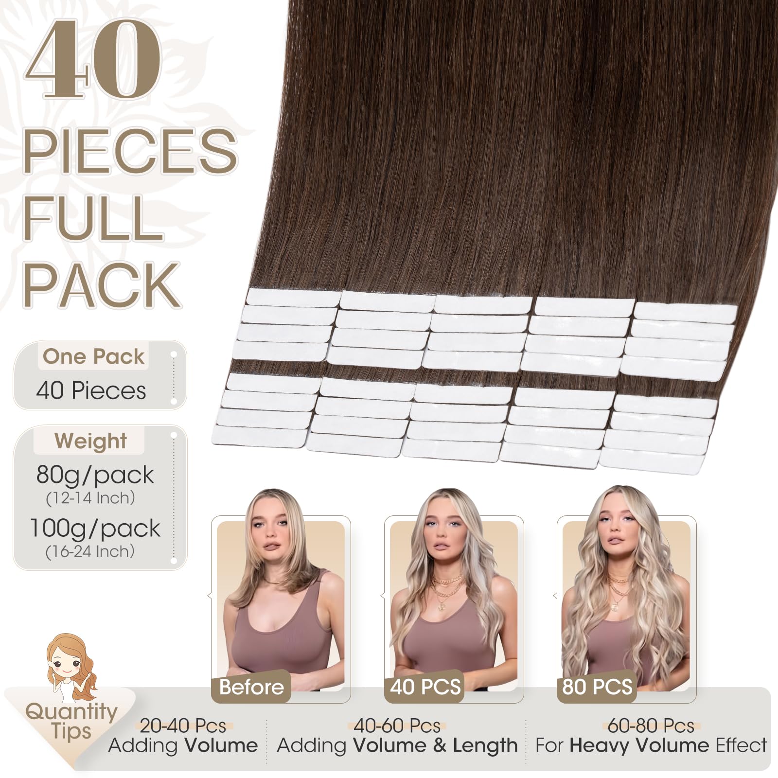 Elailite 40 Pcs Brown Tape in Hair Extensions Real Human Hair - Image 2