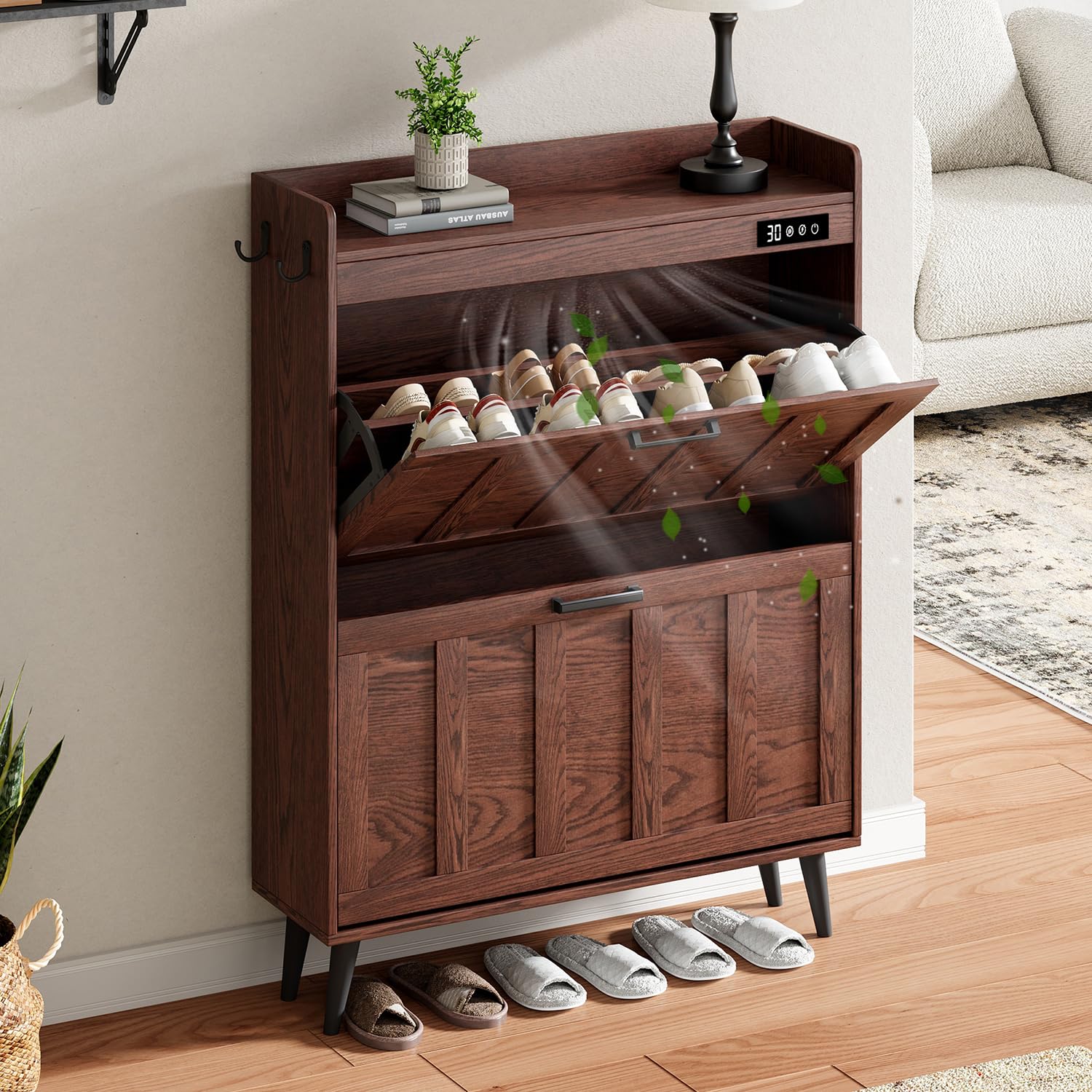 ChooChoo Shoe Storage Cabinet with 2 Flip Drawers, Deodorizing Shoe Organizer Storage for Entryway, Freestanding Hidden Slim Narrow Shoe Rack Cabinet, Walnut