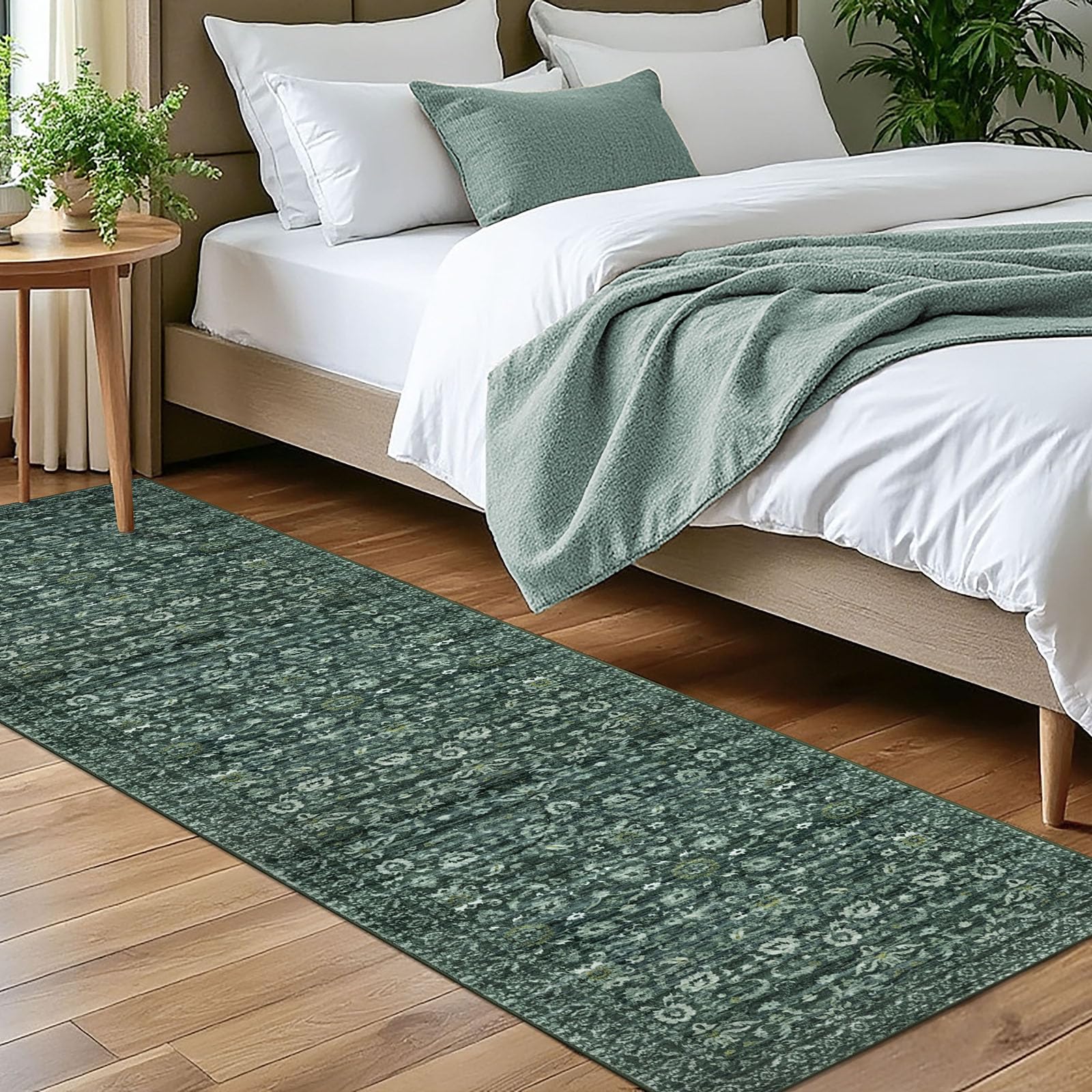 Lansny Vintage Floral 2x7 Runner Rug, Dark Green Washable Kitchen Runner Rug Non-Slip Hallway Rug Runner Boho Super Soft Thin Printed Faux Wool Carpet