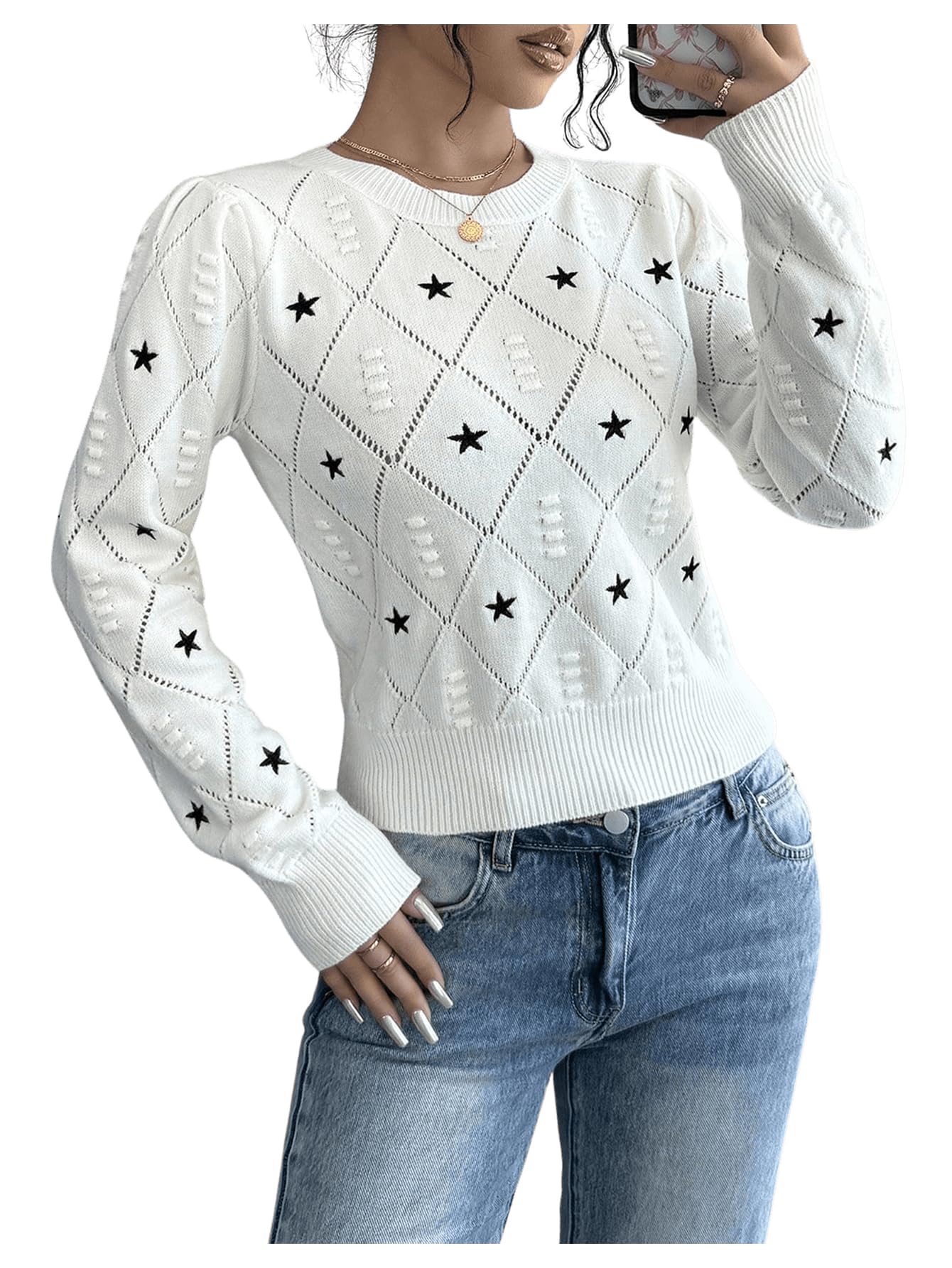 Womens Y2k Star Print Crochet Knit Crewneck Sweater Hollow Out Long Sleeve Pullover Knit Top