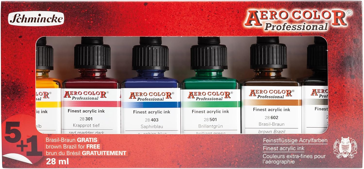 Schmincke Aero Color Professional Finest Acrylic Ink Set | Limited Edition 6x28ml Liquid Acrylic Artist Ink Including Brown Brasil
