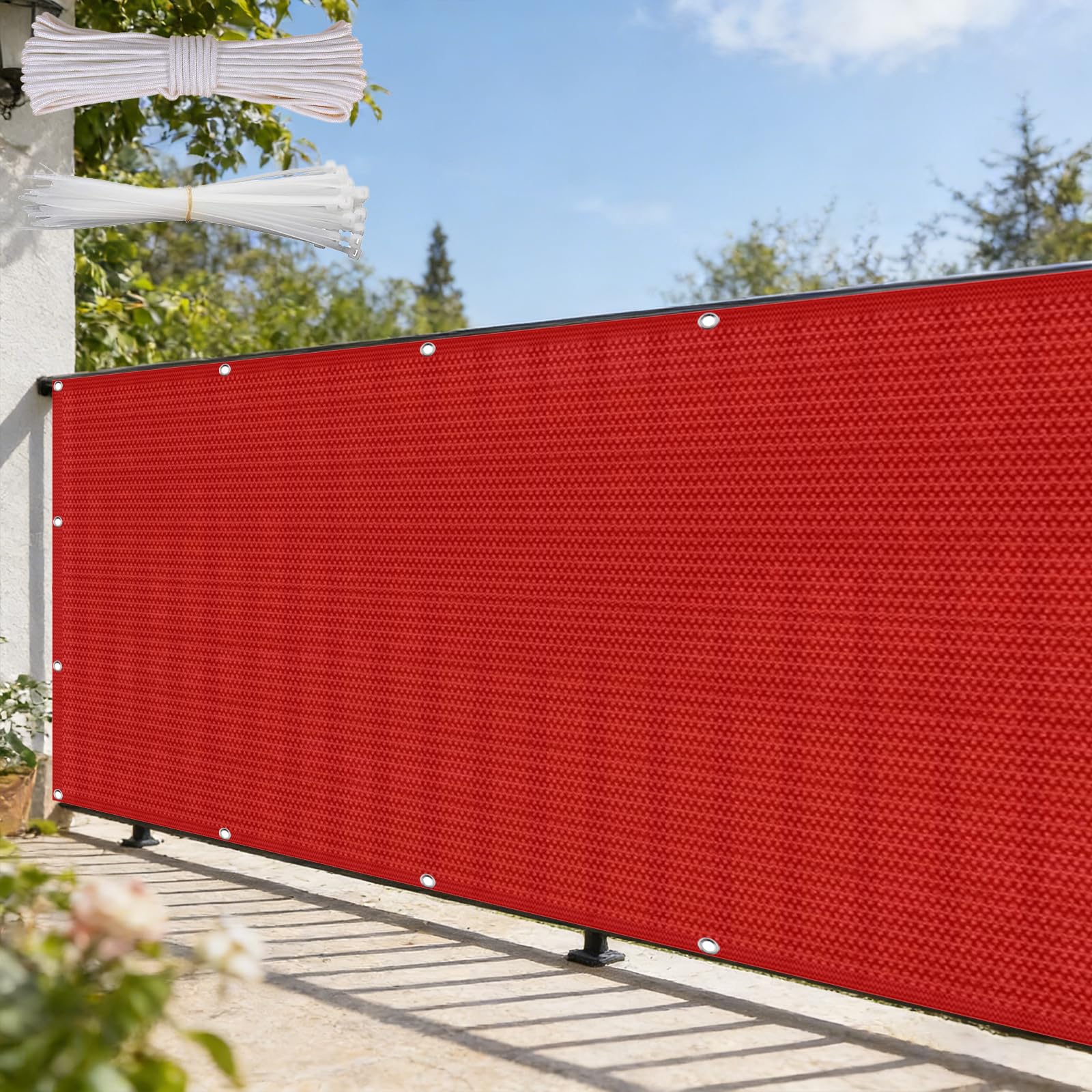 Copri Balcone 120 x 700 cm in HDPE 220G ㎡, Permeabile, Anti-Uv, Frangivento, Protezione Solare, Privacy Recinzione Copertura con Fascette e Funi para Exterior Terraza, Rosso