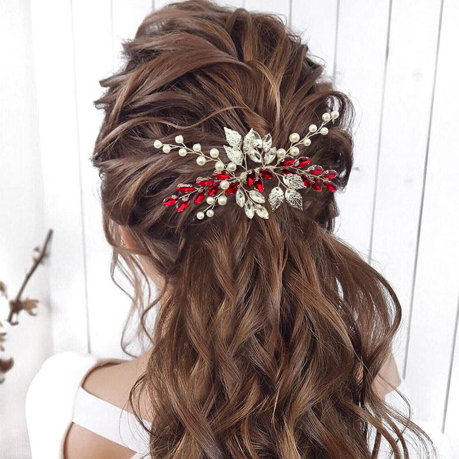 Pettine per capelli da sposa con strass di cristallo, accessori per capelli con foglie argentate, per donne e ragazze, feste di ritorno a casa (rosso vino)