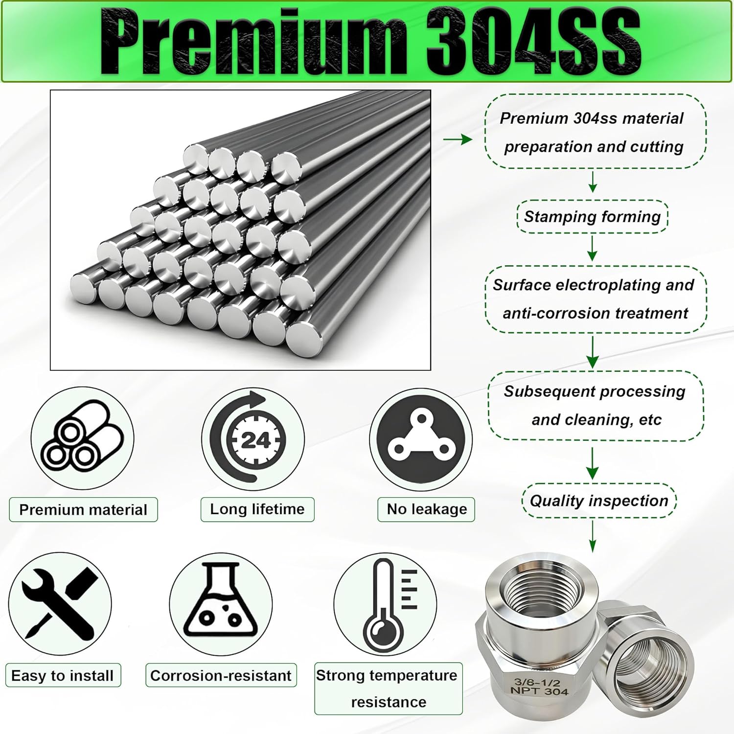 1/2 Inch NPT Female x 3/8 Inch NPT Female Pipe Fitting Reducer Coupler Connector, 304 Stainless Steel Reducing Coupling Adapter for Air Water Gas Oil (1/2" female x 3/8" female)