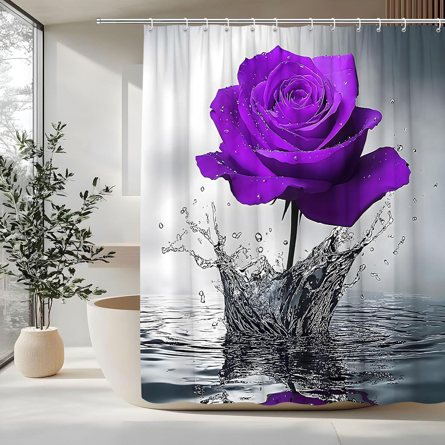 Rose Shower Curtain Romantic Floral Blossom Purple Rose Flower Blossom Reflection on Water Splash Ripple Design Grey Background Rustic Spring Nature Plants Zen Decorative Curtain with Polyester Fabric