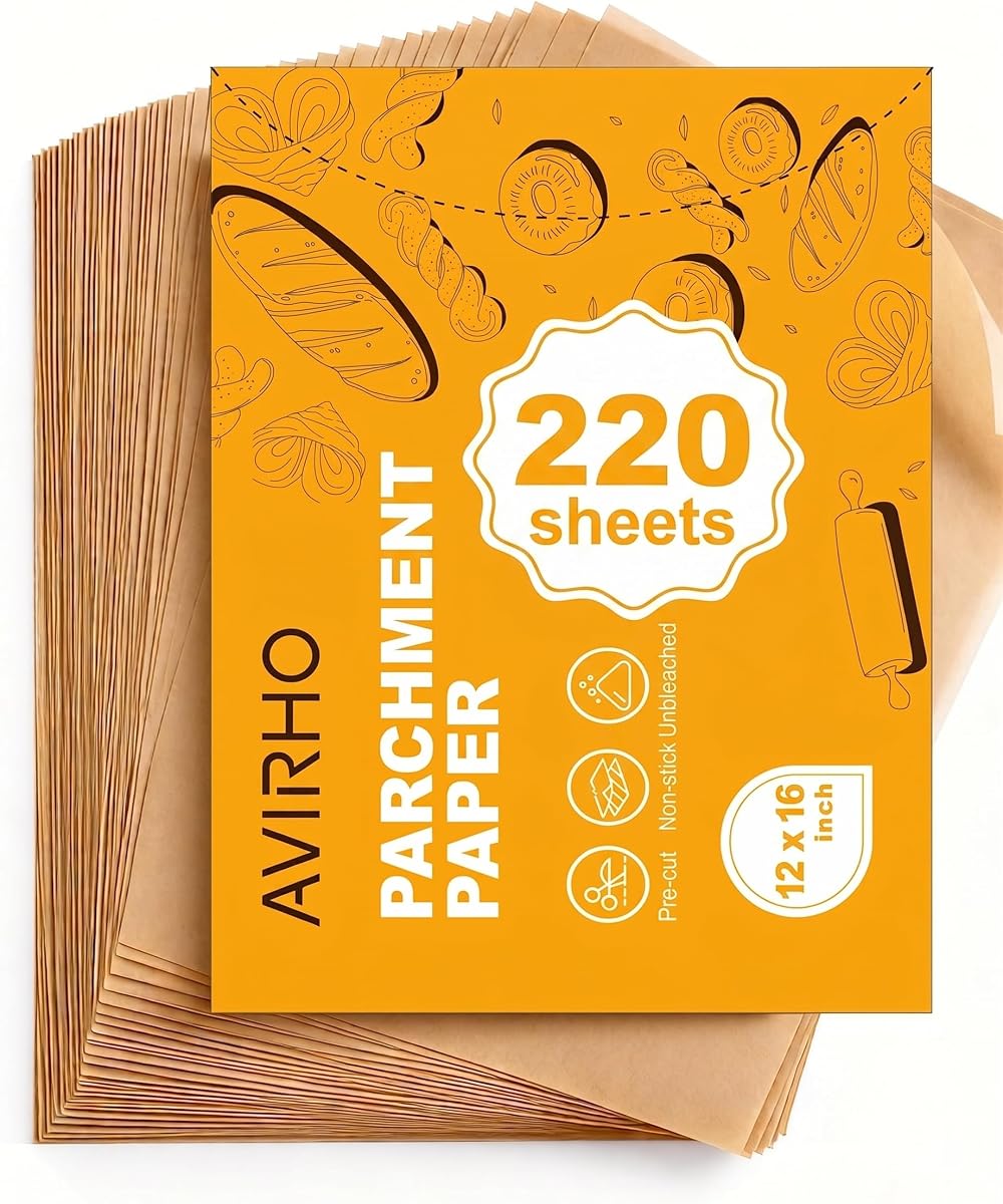 220 Count Precut Parchment Paper Baking Sheets, 12 x 16 Inch Non-Stick Unbleached Heat Resistant Half Sheet Pan Liners for Baking, Oven, Air Fryer, Grilling & Steaming
