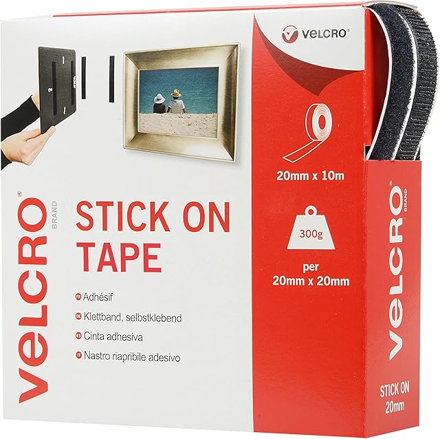 VELCRO Brand Stick On Tape Cut-to-Length Strong Hook & Loop Self Adhesive Sticky Tape Perfect for Room Décor & Home, Office, Garage Use Black 20mm x 10m